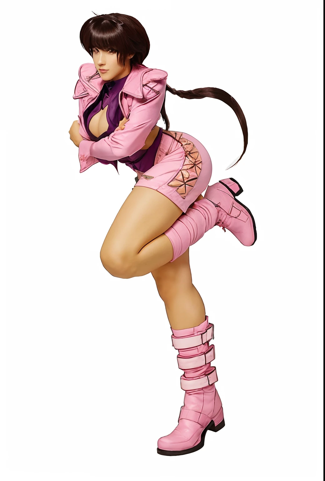 um foto animado de uma mulher em roupa rosa e botas, Juri Han de Street Fighter, Yuri Misaki, personagem de jogo de luta, pink iconic character, Pose de lutador, Personagem de King of Fighters, como personagem em tekken, Misato Katsuragi, Pose de luta, em poses de lutador, Pose de luta, Posando de personagem JoJo, pose, sfw version
