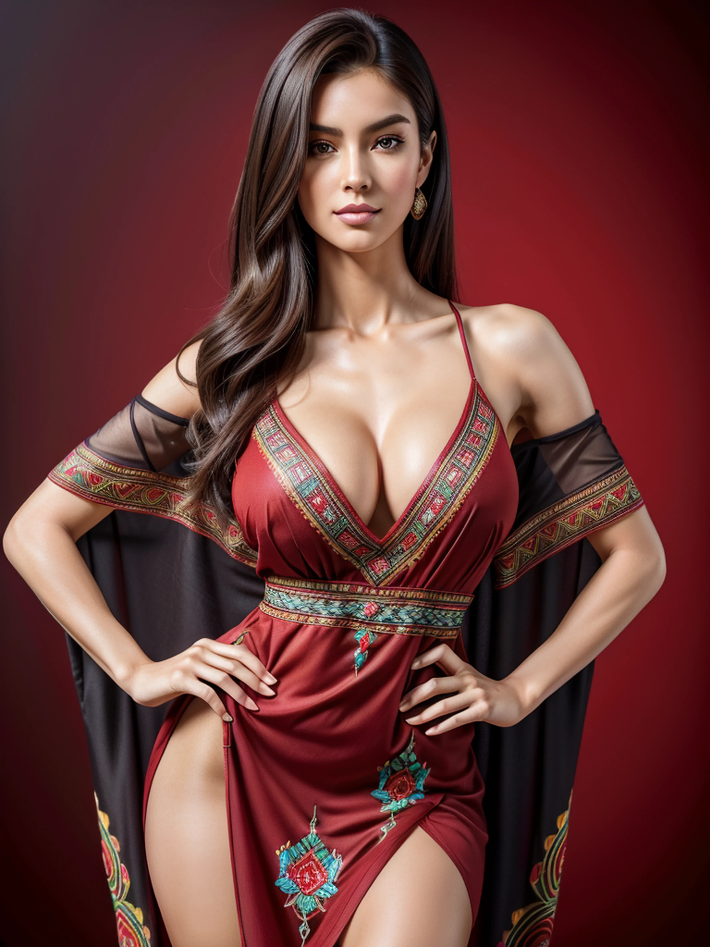 (best quality,4k,8k,highres,masterpiece:1.2),ultra-detailed,(realistic,photorealistic,photo-realistic:1.37),1girl,(18years old),(Excella_re5),(irene1),beautiful detailed brown eyes,beautiful detailed lips,extremely detailed eyes and face,long eyelashes,(192cm tall),gorgeous female figure,toned and sculpted physique,fit and slender body,well-defined muscles and curves,flawless skin,(tall and graceful posture),radiating confidence and elegance,perfect proportions,enviable hourglass shape,impeccable body symmetry,healthy and vibrant appearance,beautiful long legs,raven-black hair,cleavage breasts,((wearing a (red) sexy ethnic style embroidered Kaftan Dress)),(sharp focus),(portraits),(ultra-detailed, highres, colorful),vibrant color,simple background,professional photography.