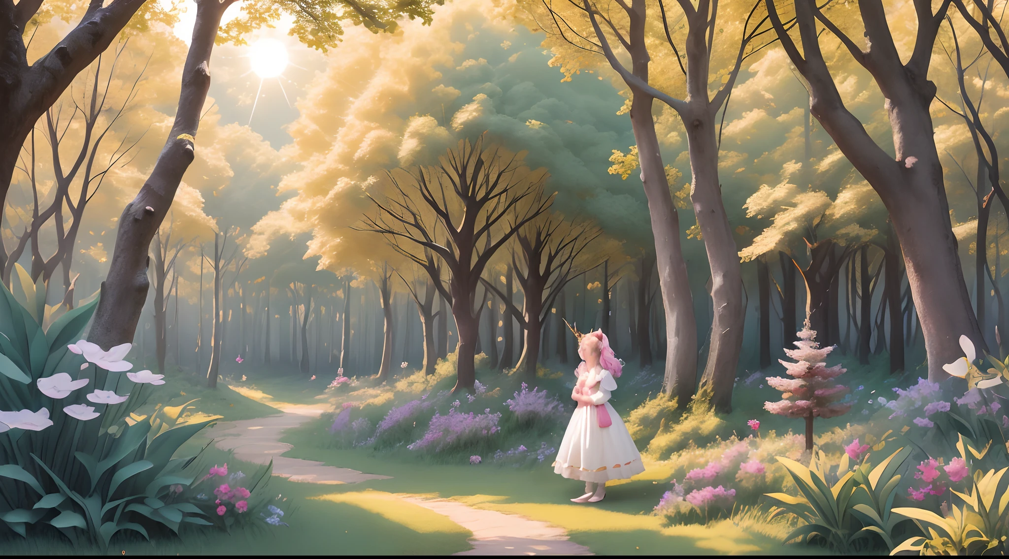 "Desenhe uma capa encantadora para um e-book infantil. A capa deve incluir um fundo que retrate uma floresta encantada, with tall trees, folhas cintilantes e raios de sol dourados. No centro da capa, coloque a figura de uma chamada Alice, com cabelos loiros e olhos brilhantes, Exploring the forest with awe. Acima dela, enter the title 'Alice and the Magical Unicorn in the Enchanted Forest' with friendly and colorful letters that stand out. Make sure the cover conveys a sense of magic and adventure to appeal to children."