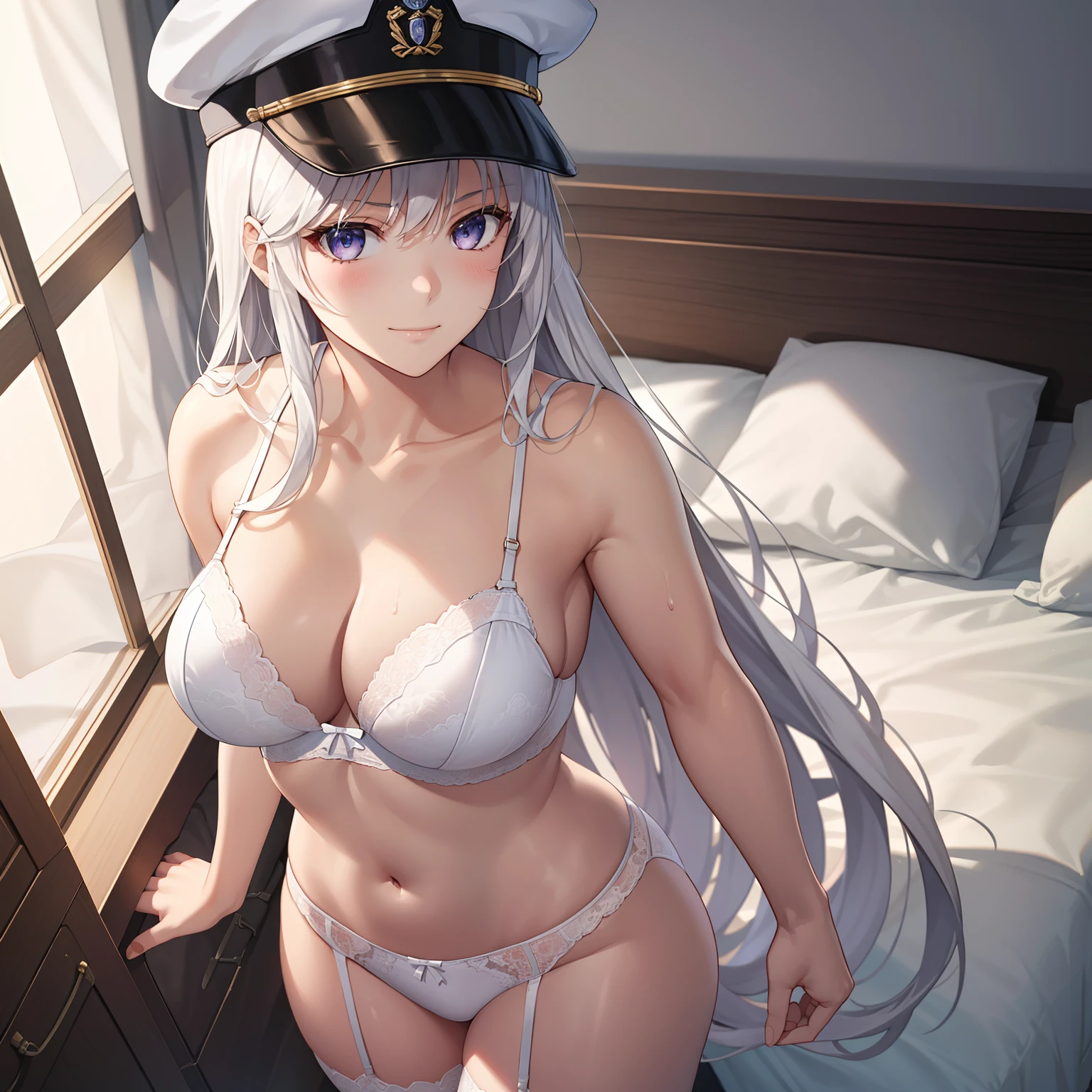 1girl,big breasts,standing in bed,(8k),detailed face,white hair,lavender eyes,very long hair,embarassed,small smile face, high_res, high_definition,sexy pose,white military hat, Lace lingerie, (Sexy lingerie Custome:1.1),