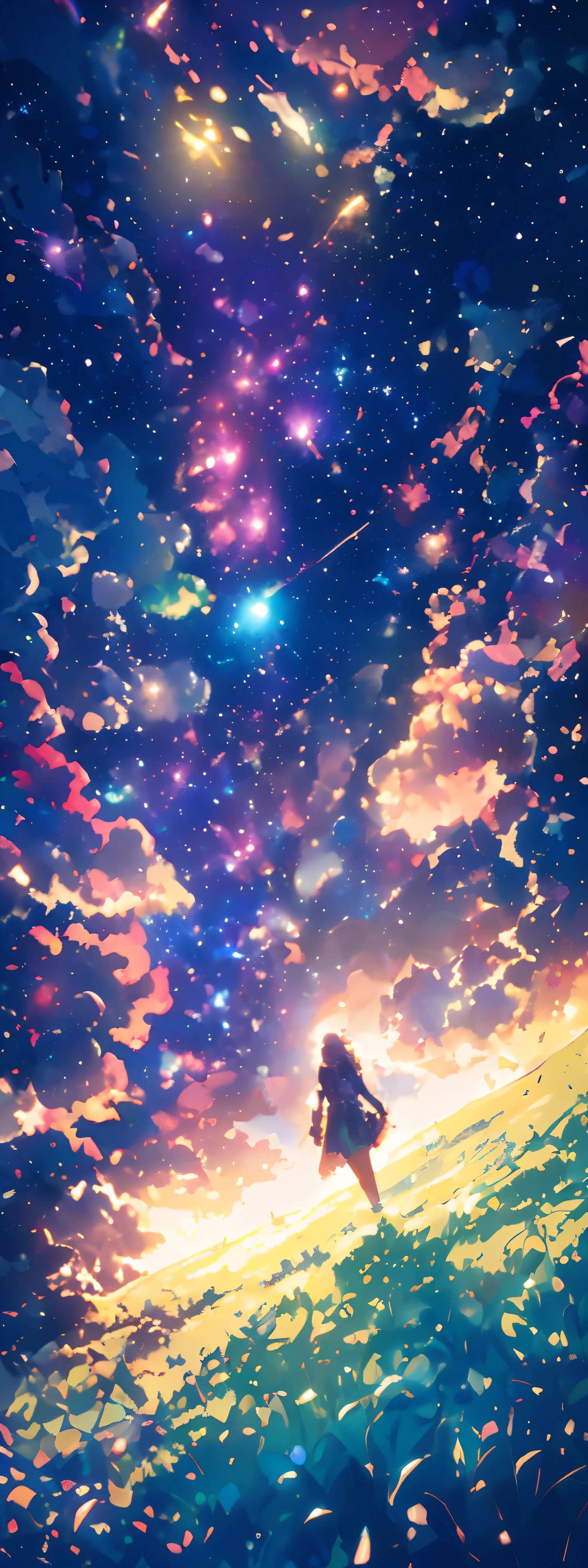 A wide landscape photo, (viewed from below, the sky is above, and the open field is below), a girl standing on a flower field looking up, (full moon: 1.2), (meteor: 0.9), (nebula: 1.3), distant mountains , Trees BREAK Crafting Art, (Warm Light: 1.2), (Firefly: 1.2), Lights, Lots of Purple and Orange, Intricate Details, Volumetric Lighting BREAK (Masterpiece: 1.2), (Best Quality), 4k, Ultra Detailed, (Dynamic Composition: 1.4), Rich in Detail and Color, (Rainbow Color: 1.2), (Glow, Atmospheric Lighting), Dreamy, Magical, (Solo: 1.2)