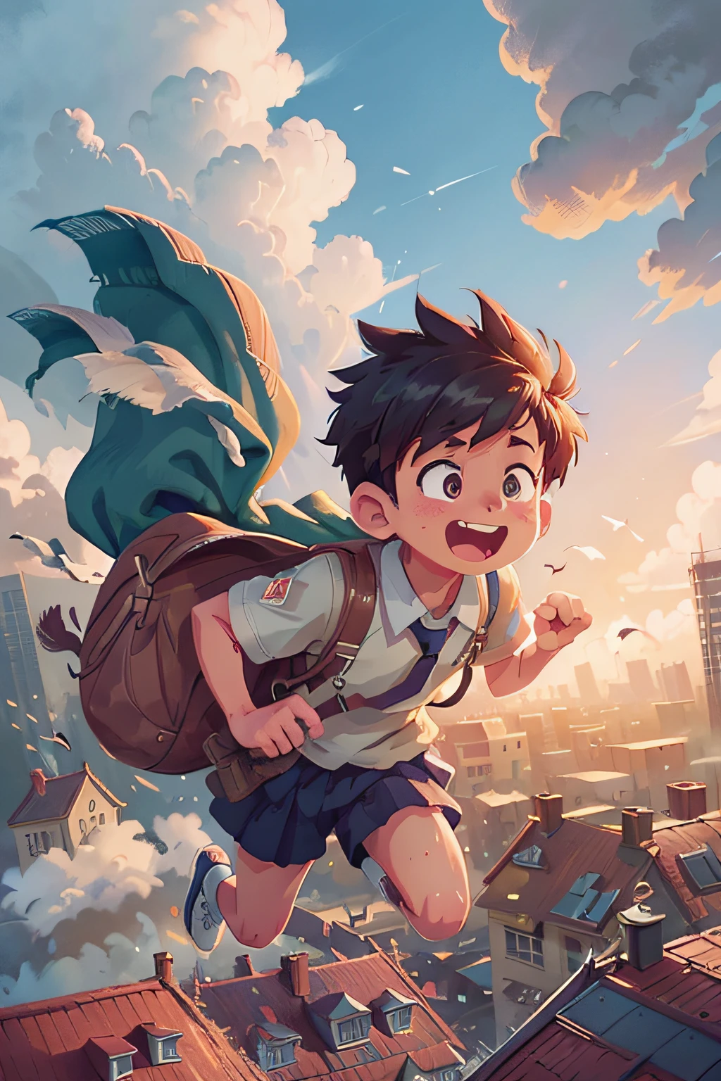 Character happily running through clouds in his school uniform, epic clouds, realistic skies with school materials falling, on top of the city buildings, sunsets