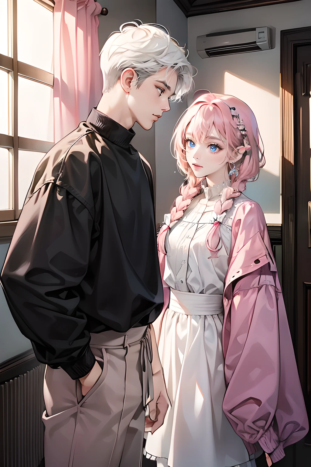 Masterpiece, best quality, super detailed, illustration, beautiful detailed eyes, close up, with a boy and a girl. It is white hair, pink bow, white pajamas. The boy is black hair, comma hair, white t-shirt, black pants. Boys and girls in the room,