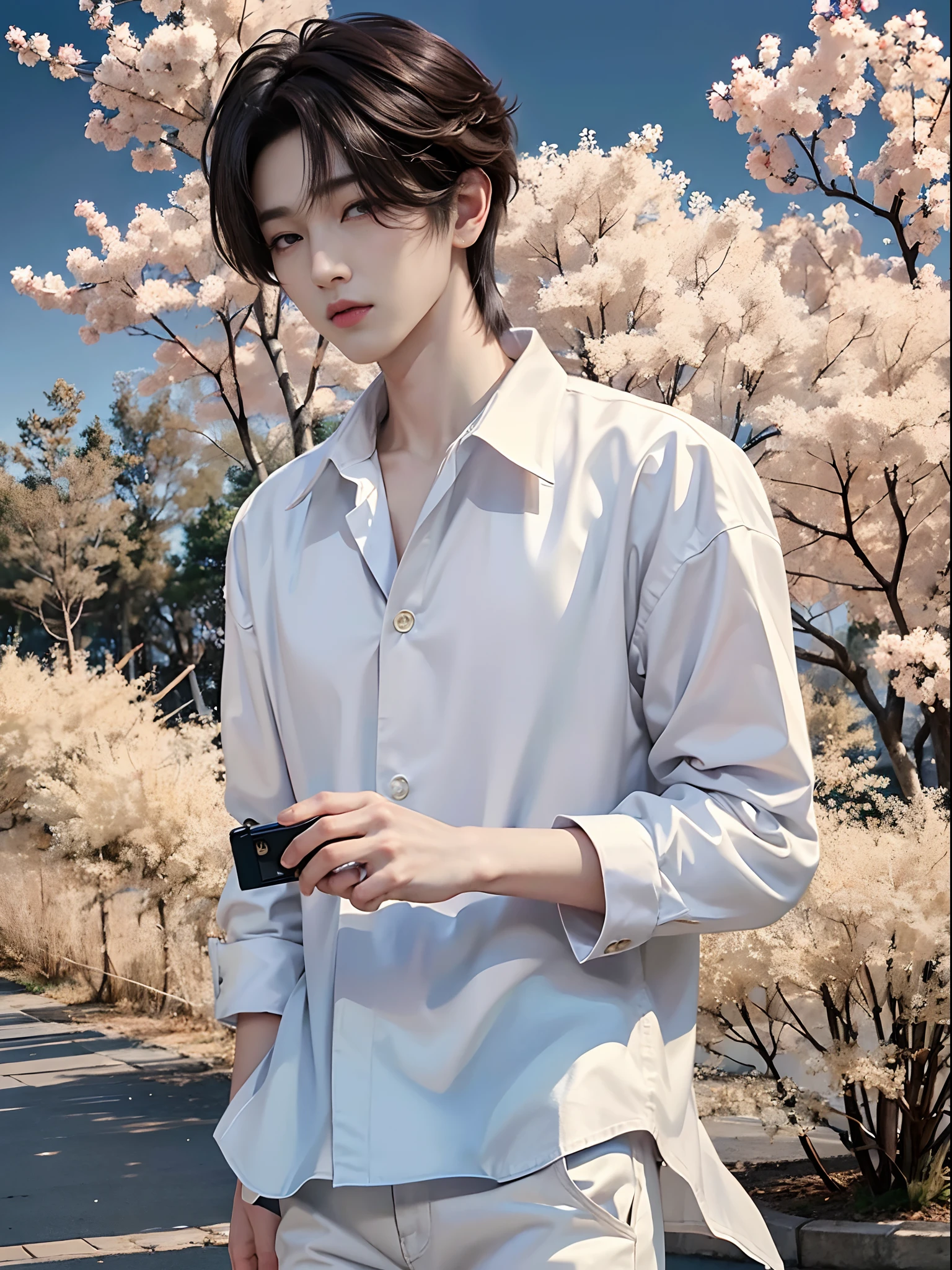 ​masterpiece、（top-quality)、((high-level image quality))、One Manly Boy、Slim body、((White Y-shirt and long black pants))、(Detailed beautiful eyes)、Walking together on the road at night、A face similar to Hwang Hyun-jin、((short hair above the ears))、((Smaller face))、((Neutral face))、((Light brown eyes))、((Korean boy))、((18year old))、((Handsome man))、((Wild look))、((Korean Makeup))、((elongated and sharp eyes))、((Walk in front of the viewer))、((Shooting from the side at close range))