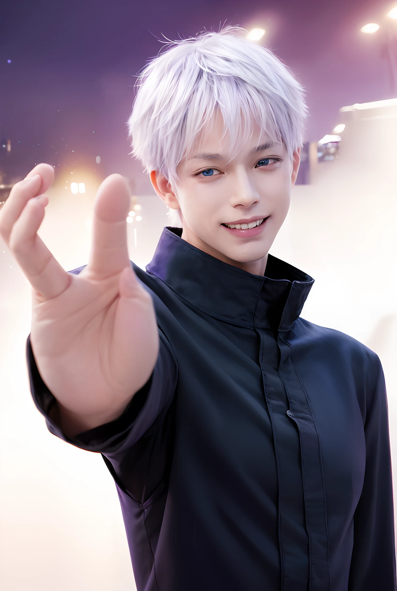 1man, gojo satoru in anime jujutsu kaisen, short hair , white hair, blue ligth eyes, handsome, smile, purple clothes, realistic clothes, detail clothes, city background, ultra detail, realistic