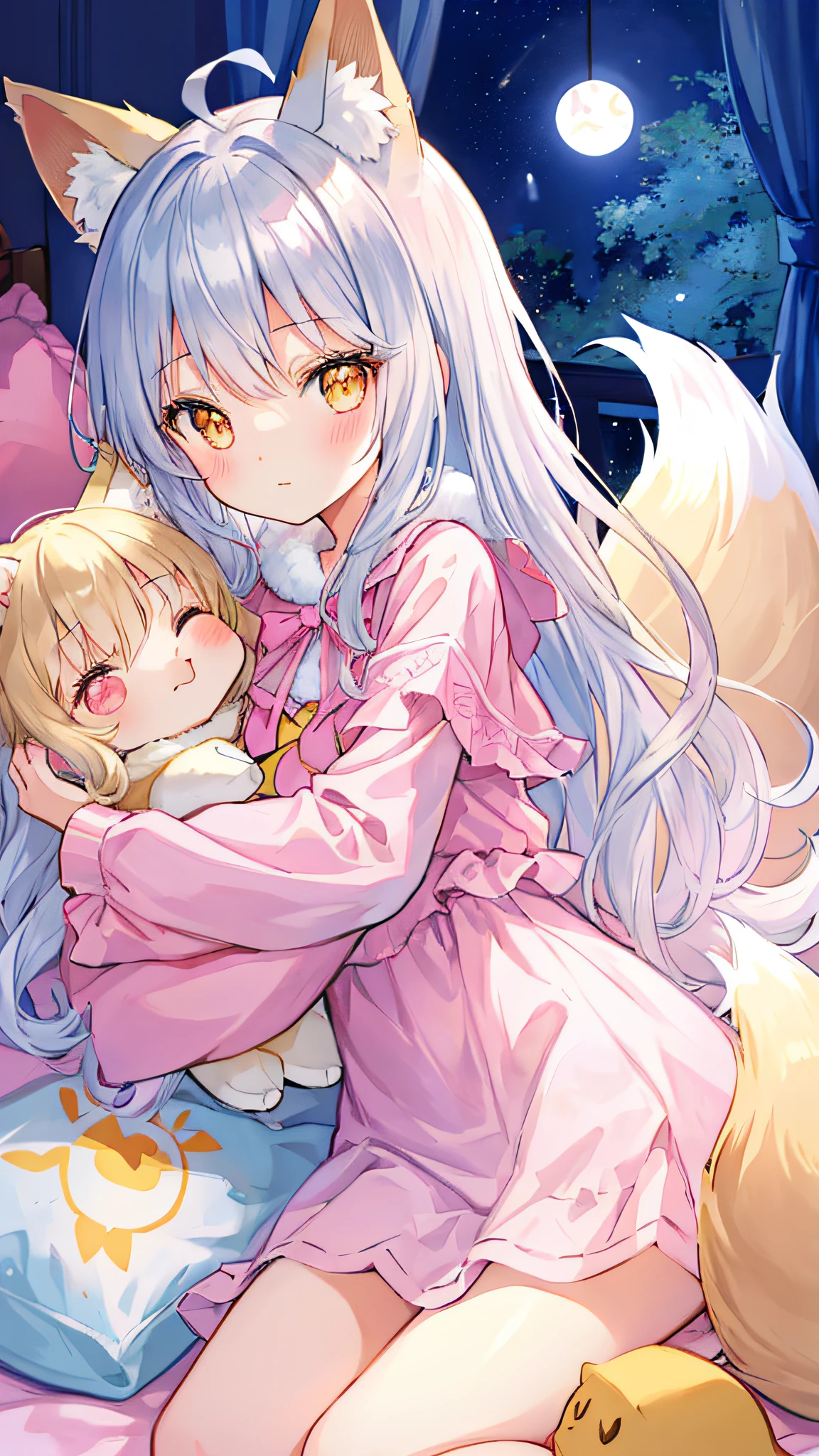 Beautiful illustration、top-quality、Cute s、Bedroom、PastelColors、Fluffy fox ears、小柄、Silver long hair、Stuffed fox、Bright lighting、Bright Golden Eyes、