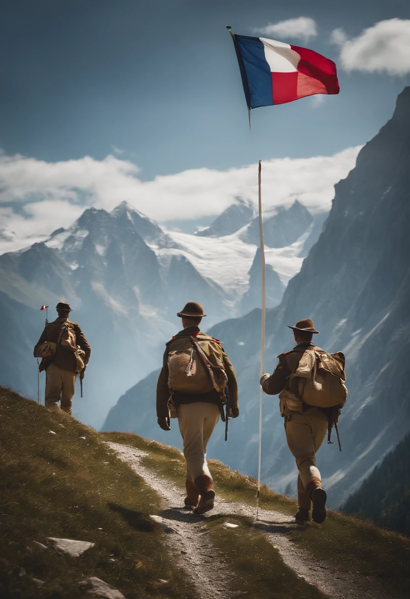 Propaganda poster featuring French scouts walking Mont Blanc with a royalist flag