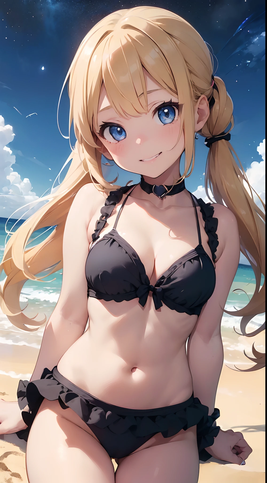 (masterpiece),(very high quality),(((cute little ))),(((5 yel))),(blonde),(twin tail),(very detail beautiful face),(very detail blue eyes),(seductive),(smile with teeth),(medium breasts),(cleavage),(skinny),(black bikini without ruffles),(beach),(night time),(nsfw)