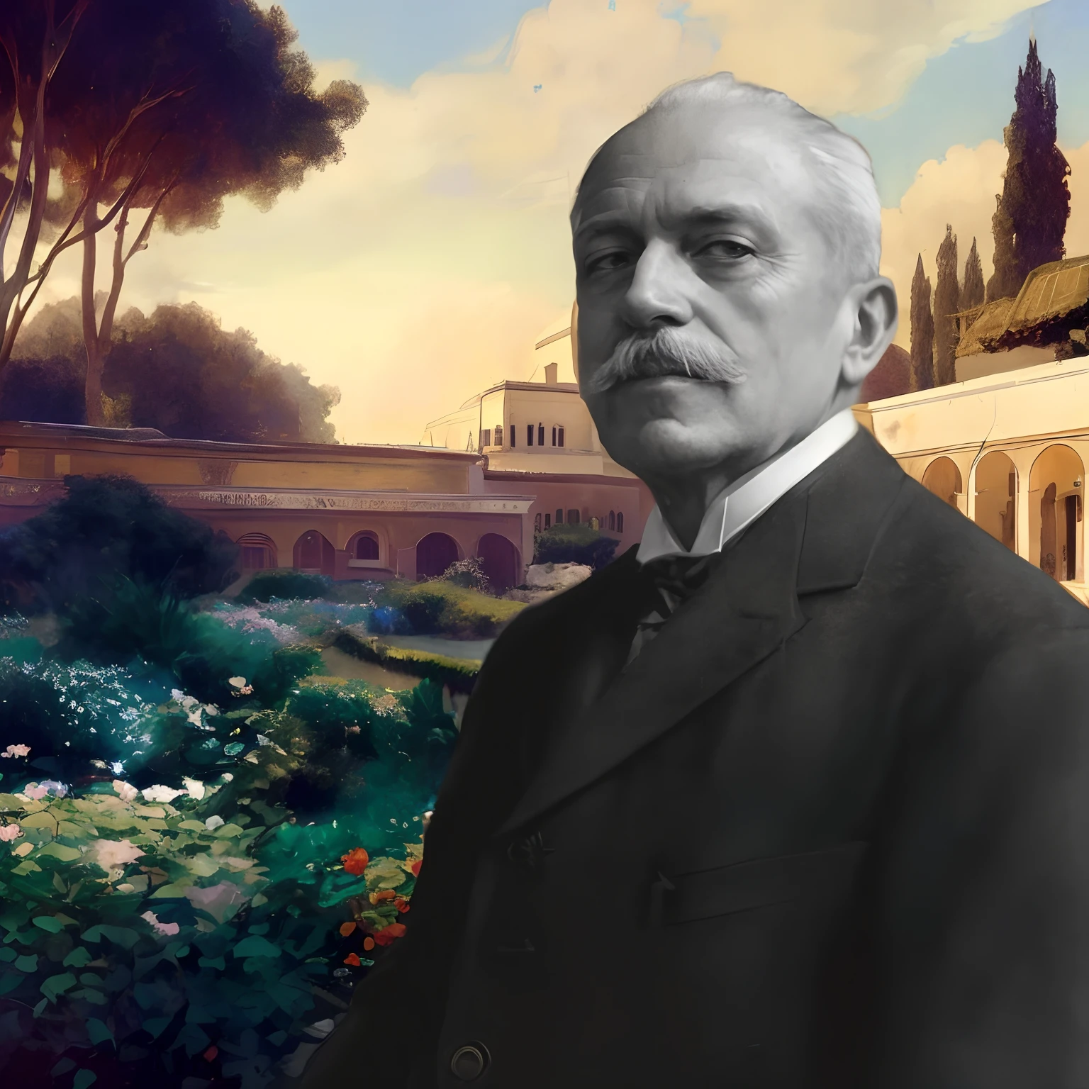 Photo of a man in a suit and tie in front of a building, Beeple e Alphonse Mucha, inspirado em Hermenegildo Anglada Camarasa, Arquiteto Lebbeus Woods, Fundo de Ferdinand Knab, inspired by Santiago Rusiñol, inspirado em Luigi Kasimir, Santiago Rusinol,1940, Marechal Cardona