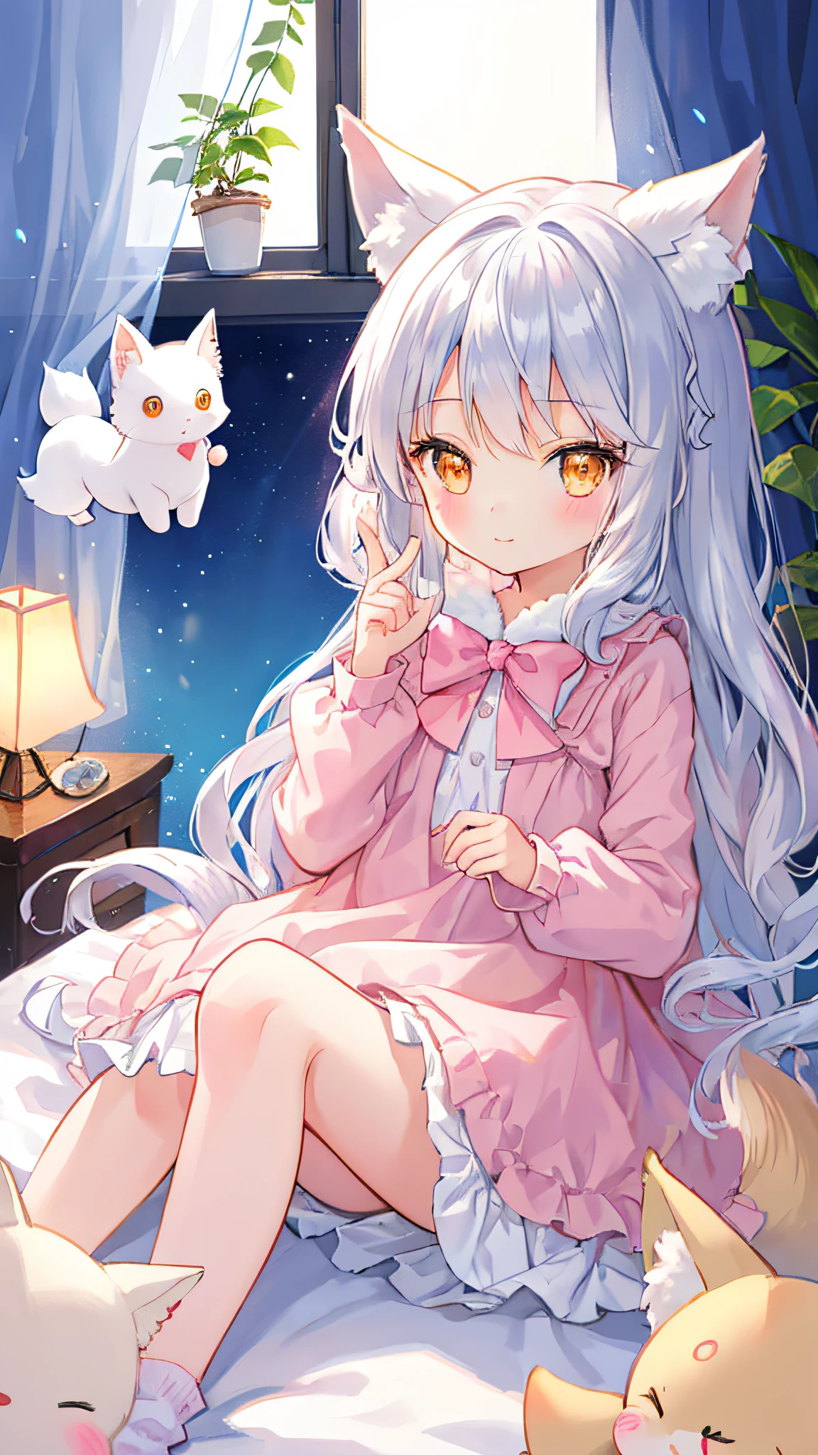 Beautiful illustration、top-quality、Cute s、Bedroom、PastelColors、Fluffy fox ears、小柄、Silver long hair、Stuffed fox、Bright lighting、Bright Golden Eyes、