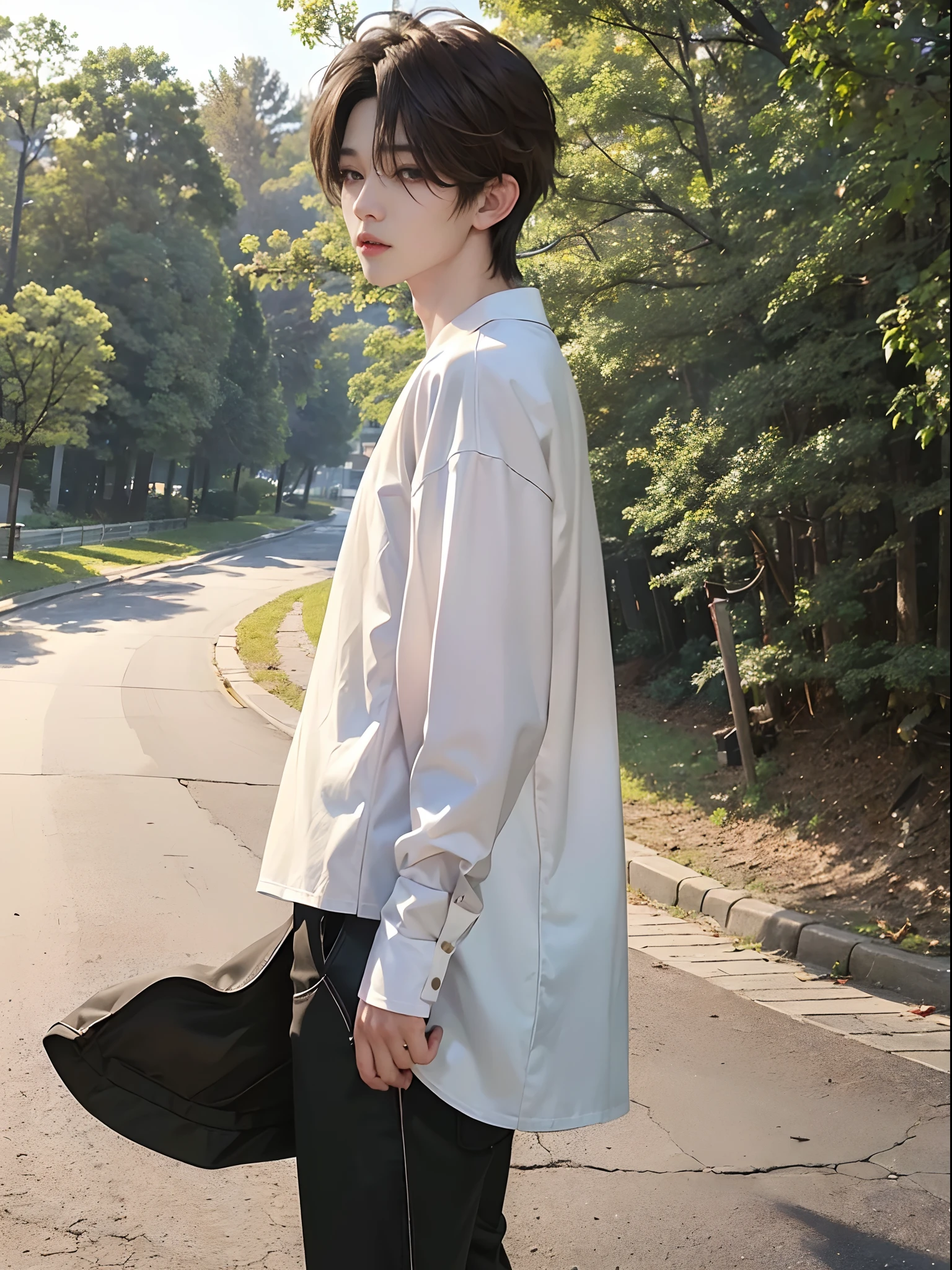masterpiece、(top-quality)、((high-level image quality))、One Manly Boy、Slim body、((White Y-shirt and long black pants))、(Detailed beautiful eyes)、Walking together on the road at night、A face similar to Hwang Hyun-jin、((short hair above the ears))、((Smaller face))、((Neutral face))、((Light brown eyes))、((Korean boy))、((18year old))、((Handsome man))、((Wild look))、((Korean Makeup))、((elongated and sharp eyes))、((Walk in front of the viewer))、((Shooting from the side at close range))