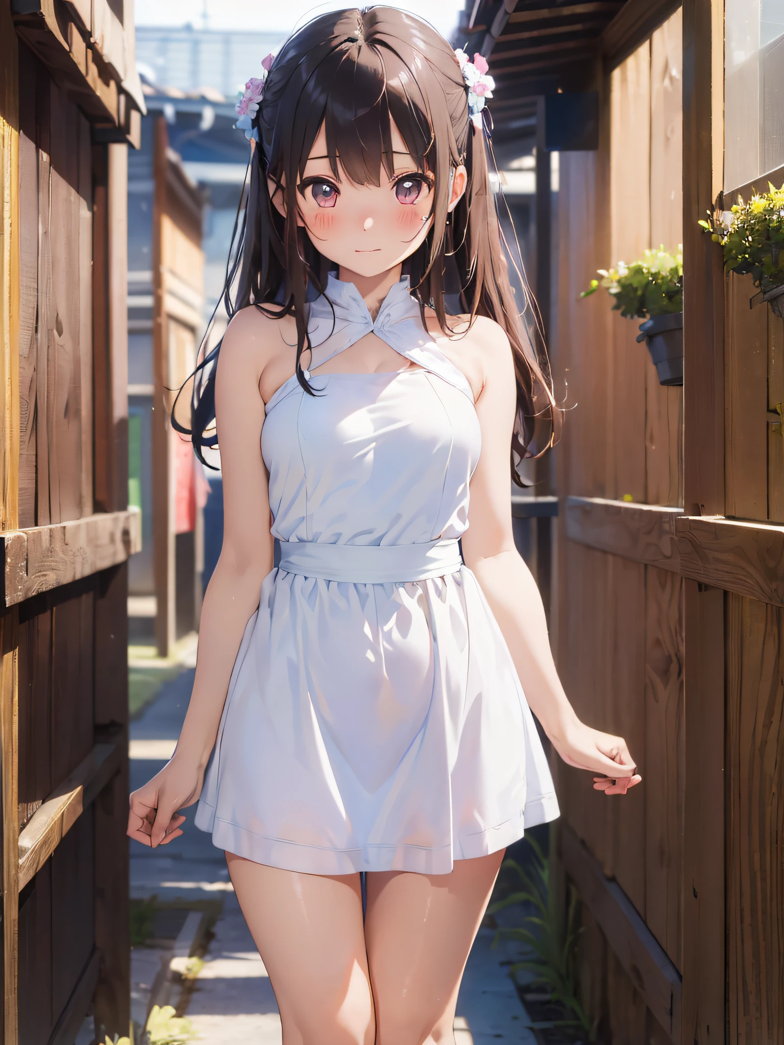 (masterpiece:2.0), (top-quality:2.0), (white Tube top extremely short length dress made by towel:1.5), (perfect exposed shoulders:1.5), (perfect exposed nape:1.5), (super sexypose:1.5), (blushed face:1.3), (barechested:1.3), (realistic:1.5), 1 girl, precise small hands, Embarrassed look, light smile, extremely cute girl, innocent face, young face, Clear eyes, Shining eyes, shoulder is visible, small breast, thigh is visible, No pubic hair, The beautiful skin, ultra-definition, Top resolution, japan high school student, brown hair
