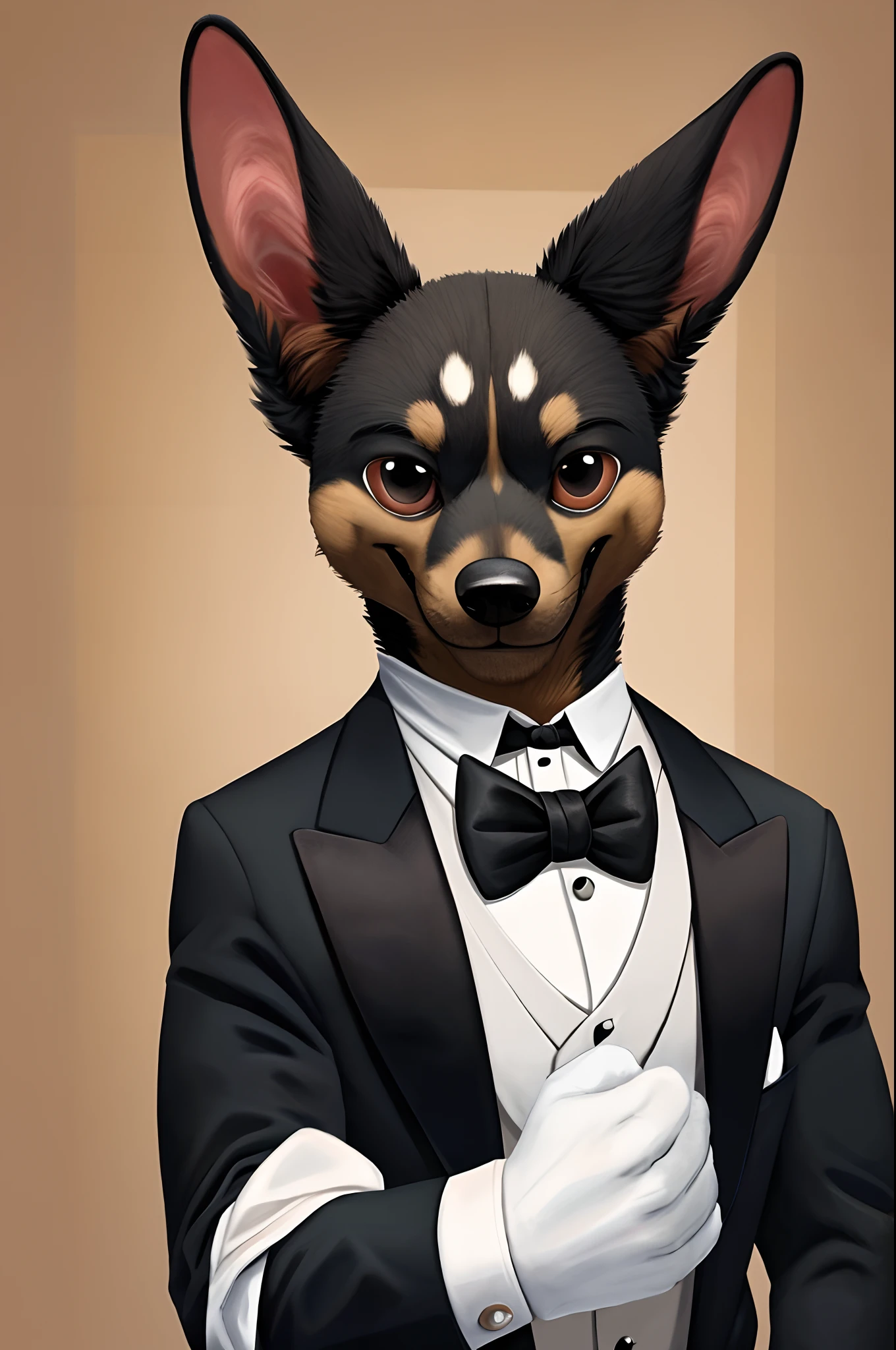 masterpiece, best quality, highres, 1male, solo, Chihuahua male, furry, black tuxedo,  white formal gloves, smile, beautiful face, butler,