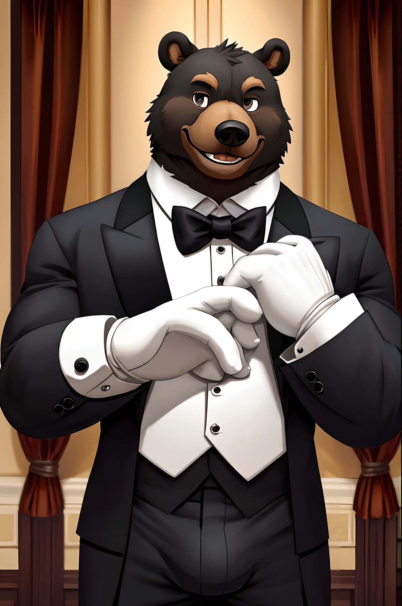 masterpiece, best quality, highres, 1male, solo, brown bear male, furry, black tuxedo,  white formal gloves, smile,  butler,