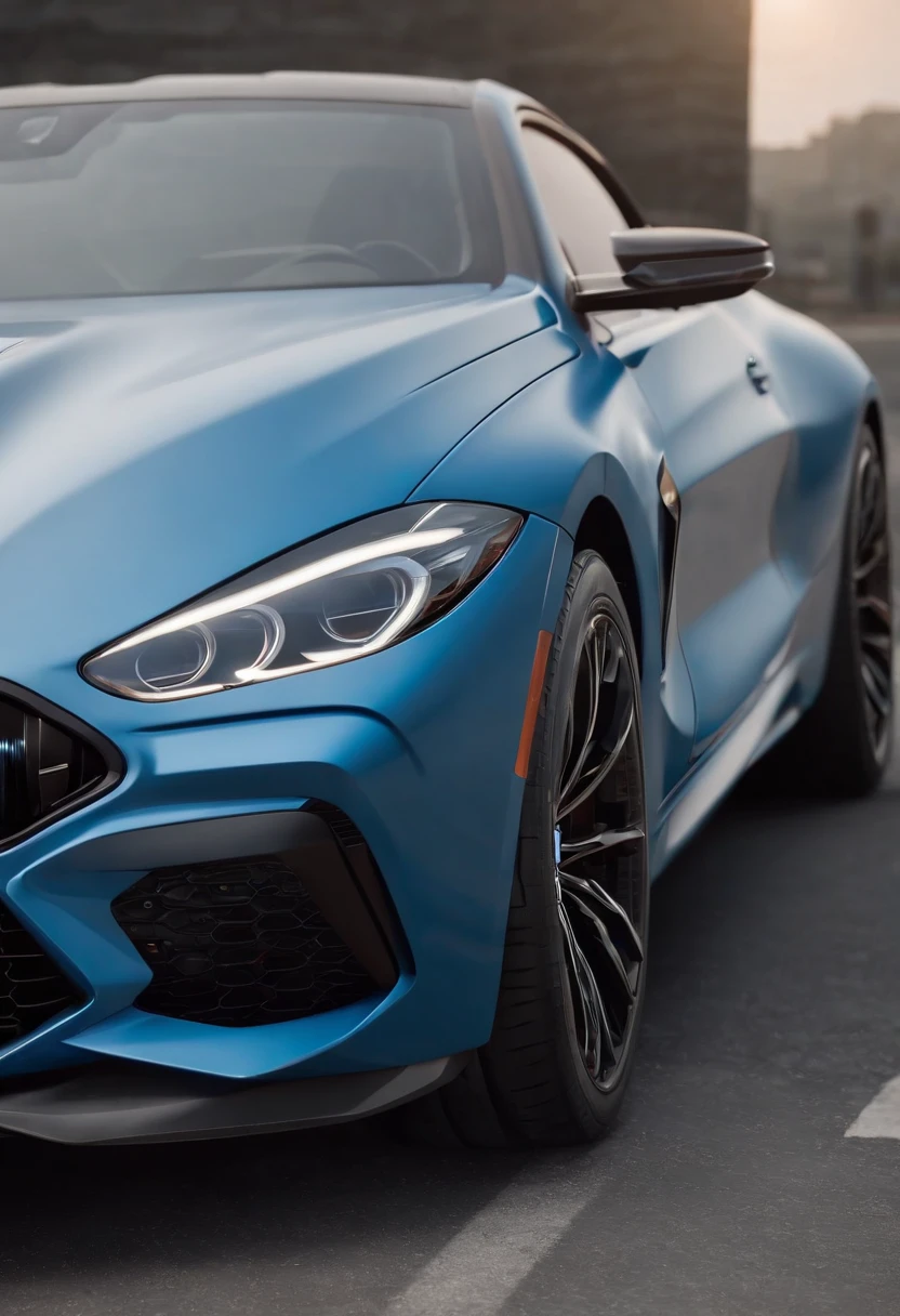 a close up of a blue 2024 BMW m8  car parked in a parking lot, hyper real render, 8 k cg render, angry 8 k, 8k render”, 8 k render, 8k render, wide body, hyper realistic style, in game style 8k, 8k octane 3d render, 8k in the style, 8k octane rendered, realistic cars
