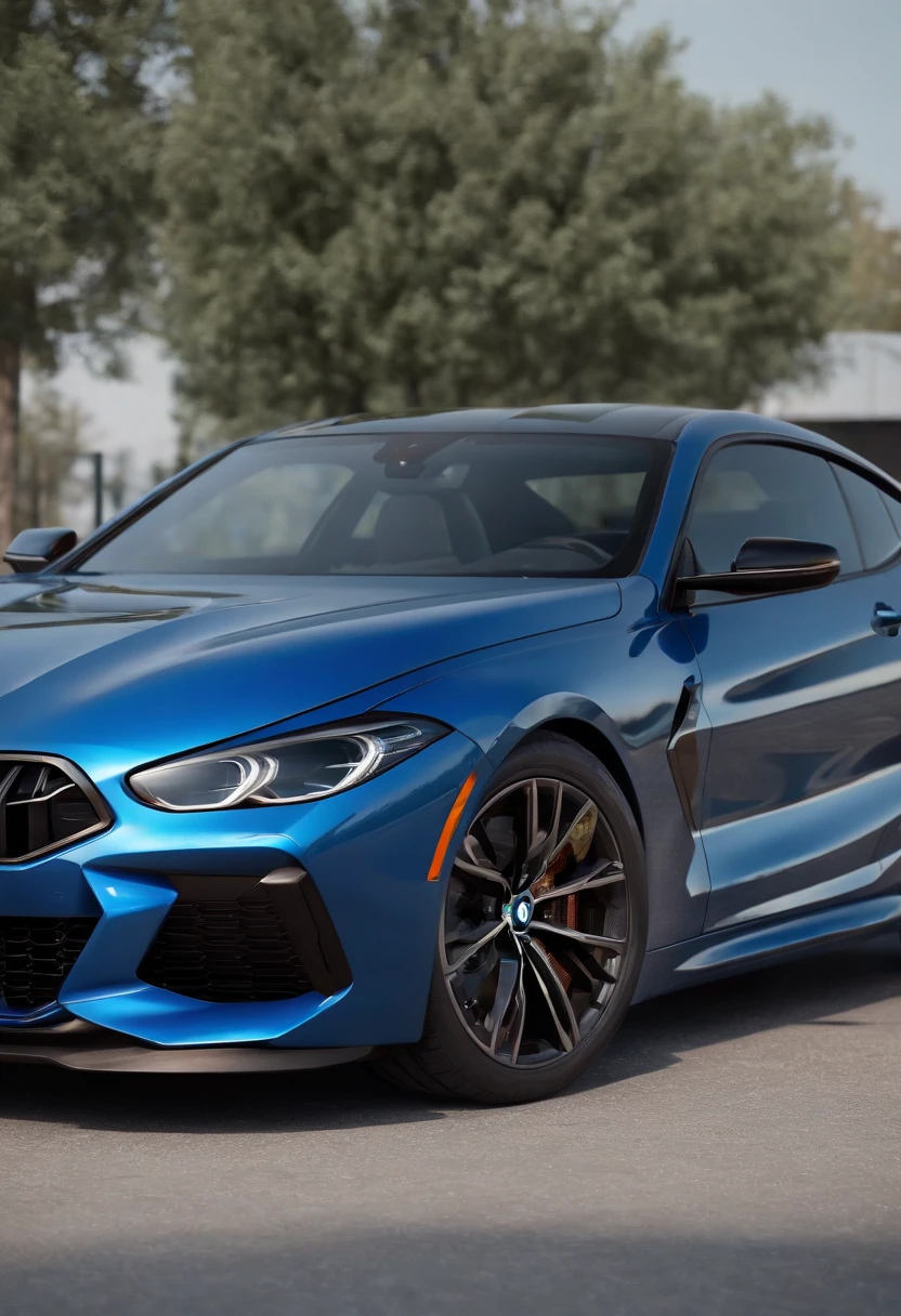 a close up of a blue 2024 BMW m8 car parked in a parking lot, hyper real render, 8 k cg render, angry 8 k, 8k render”, 8 k render, 8k render, wide body, hyper realistic style, in game style 8k, 8k octane 3d render, 8k in the style, 8k octane rendered, realistic cars