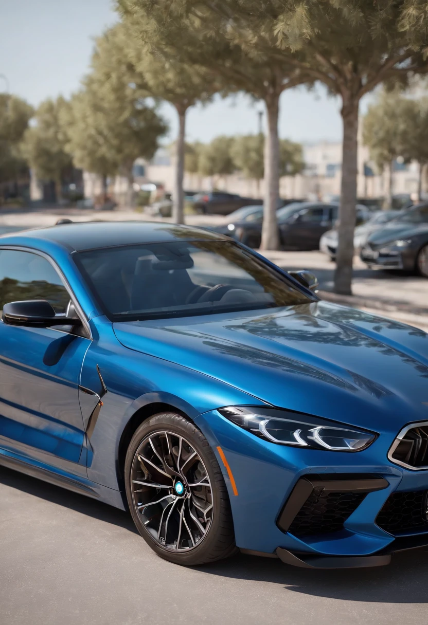 a close up of a blue 2024 BMW m8 car parked in a parking lot, hyper real render, 8 k cg render, angry 8 k, 8k render”, 8 k render, 8k render, wide body, hyper realistic style, in game style 8k, 8k octane 3d render, 8k in the style, 8k octane rendered, realistic cars