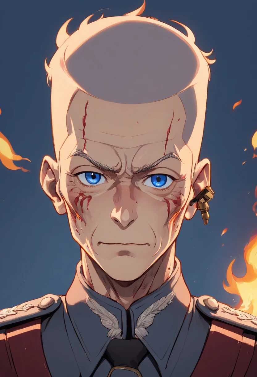 (masterpiece:1.2), absurdres, A photorealtic shot of wilhelm Strasse, Wolfenstein,solo, a man in his 60s, German descent, his facial features are often angular and sharp emphasizing his cruel and calculating personality, (burned skin:1.5), (very old facial burns:1.4), grotesque and disfigured facial appearance, (he has blue piercing eyes:1.2)(detailed eyes:1.3),BREAK, his head is bald which adds to his intimidating and villainous look, His cheekbones and jawline are well-defined, creating a severe and harsh appearance, facial expression is typically one of indifference or malevolence, has zero emotions, wearing a high ranking WW2 German grey officers Uniform(ultra-detailed:1.4), (highly detailed skin:1.4)