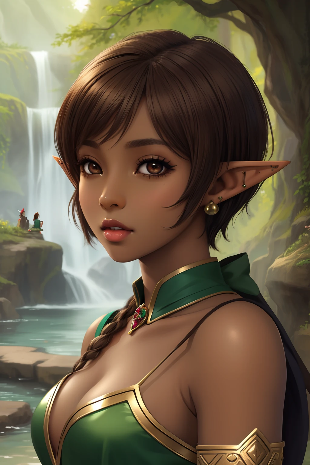 Masterpiece, high quality, Deep brown skin tone, elf, fit, beautiful elf, sexy elf, female, portrait, piercings, virgin, black eyes, princess, Aesthetic, pixie cut, sunny day