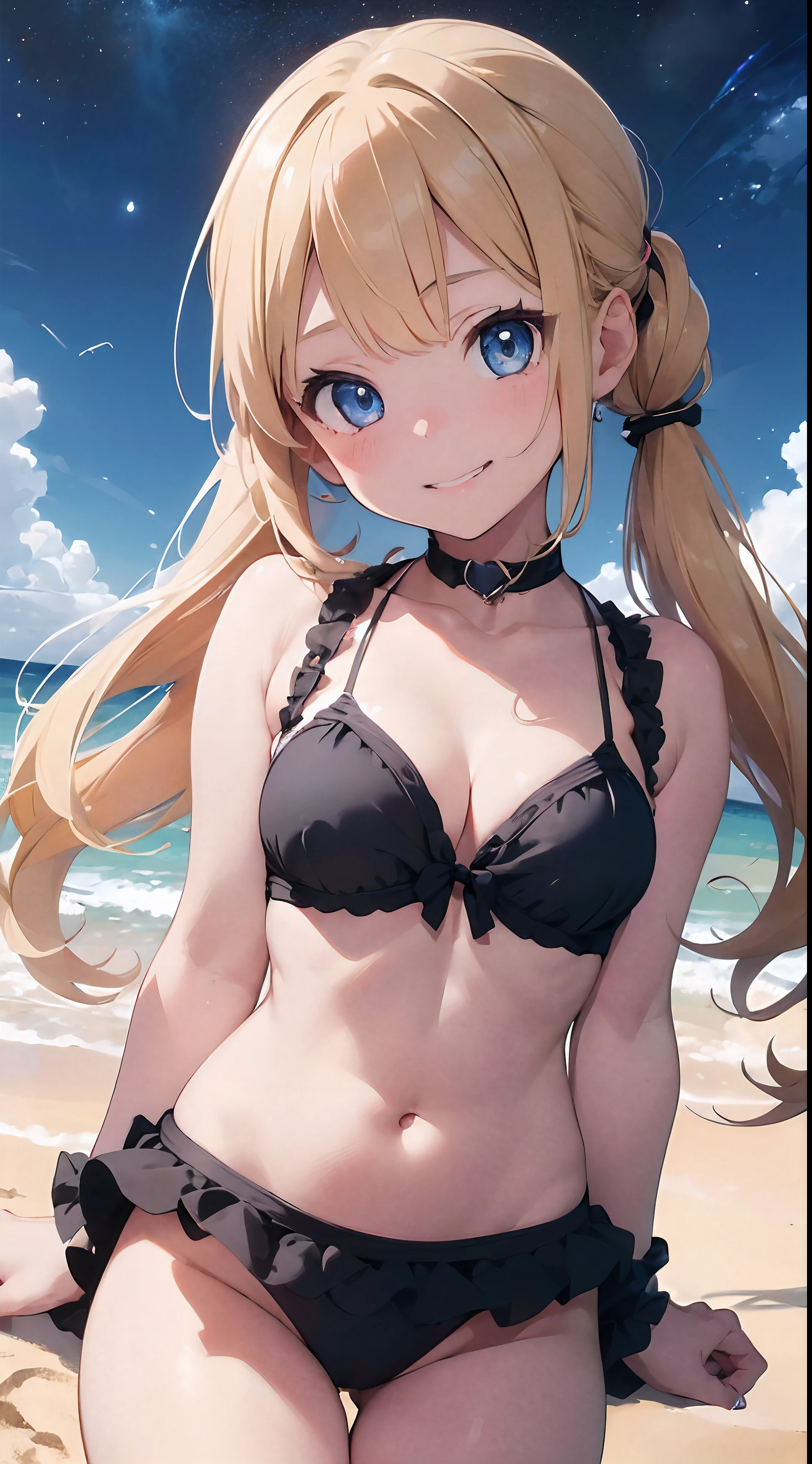 (masterpiece),(very high quality),(((cute little loli))),(((5 years old girl))),(blonde),(twin tail),(very detail beautiful face),(very detail blue eyes),(seductive),(smile with teeth),(medium breasts),(cleavage),(skinny),(black bikini without ruffles),(beach),(night time),(nsfw)