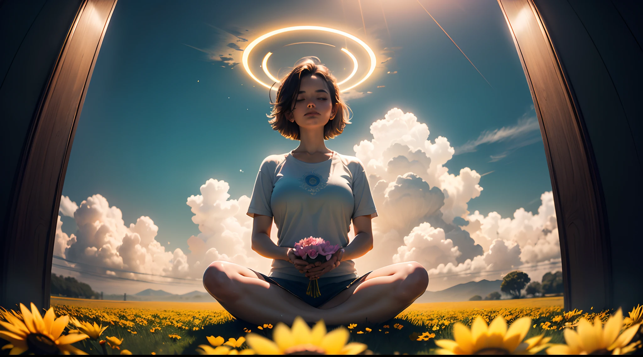 Rodeado por un halo circular dorado, Woman sitting cross-legged on a huge golden lotus flower meditating in meditation, Imagen frontal de la vista, nubes, Textura realista, risa feliz, (fondo de pantalla extremadamente detallado de la unidad CG 16k:1.1), ((Ultra detallado)), cinematographic angle, Cielo bellamente detallado, cinematic lighting, (florecer), Sombra, panorama, Plano amplio, (((La mejor calidad))), (((Obra maestra)))