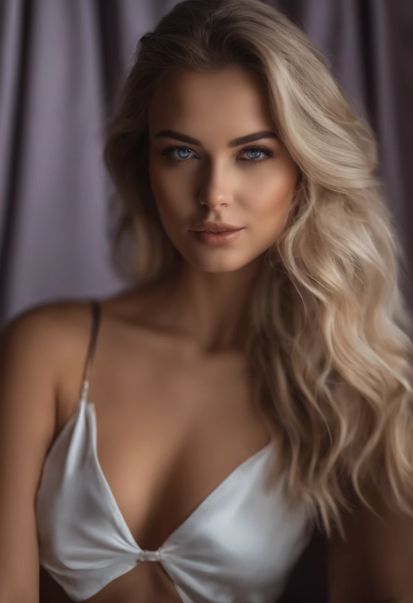 Arafed woman completely , fille sexy aux yeux bleus, ultra realist, Meticulously detailed, Portrait Sophie Mudd, cheveux blonds et grands yeux, selfie of a young woman, Yeux de chambre, Violet Myers, sans maquillage, maquillage naturel, looking straight at camera, Visage avec Artgram, Maquillage subtil, Great photo of the whole body kneeling on the bed, dans la chambre, Medium to large bust, yeux bruns, Souriant, tenue sexy, latex, pvc, cuir, simili-cuir