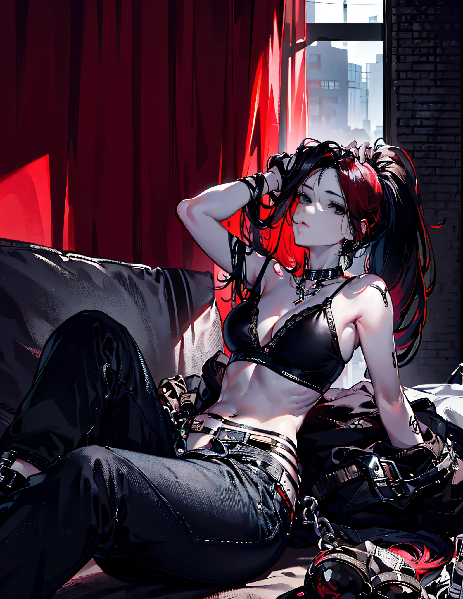 Woman in black bra top and jeans sitting on bed, Red hair, (((Long hair, pony tails, Parted bangs, Forehead))), Beautiful face, Detailed face, good eyes, (((Perfect anatomy))), mature, Mature female, ((Anime girl, anime big breast)), Detailed background, A high resolution, offcial art, (Masterpiece, Best quality, absurderes), ((1girll, Solo)), cropped shoulders, Crop top, Black bra, denim pant, Jeans, blackfootwear, Bare shoulders, view the viewer, parted lip, ((Black eyes)), stomach, Nice belly, Thin, Skinny, shades, the ribs, Nice navel, Indoors, Bed