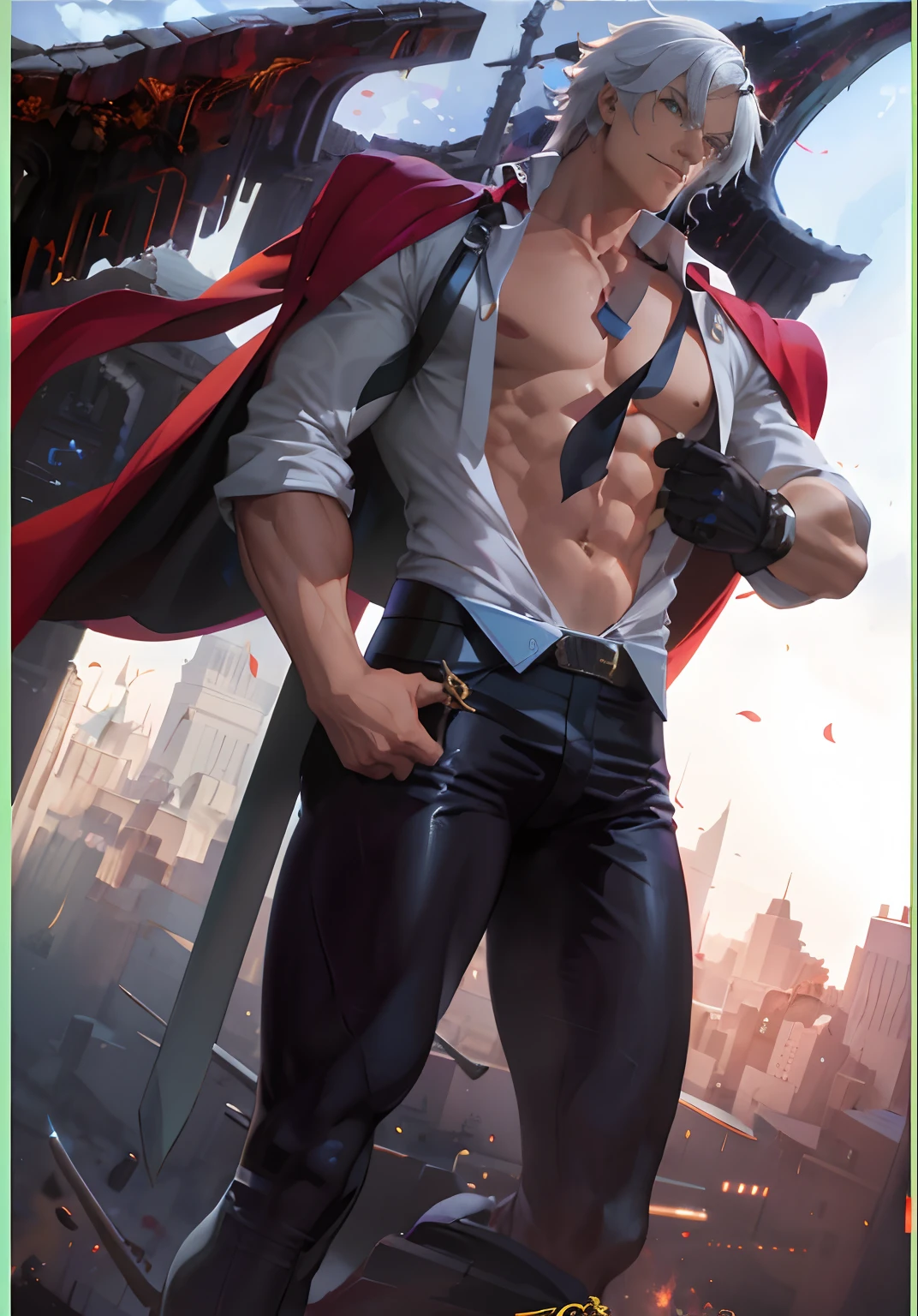 anime character with a sword and cape standing in front of a city, muscular male hero, heroic masculine pose, artgerm and genzoman, range murata and artgerm, artgerm greg rutkowski _ greg, full art, style ivan talavera and artgerm, by Yang J, style of artgerm, style artgerm