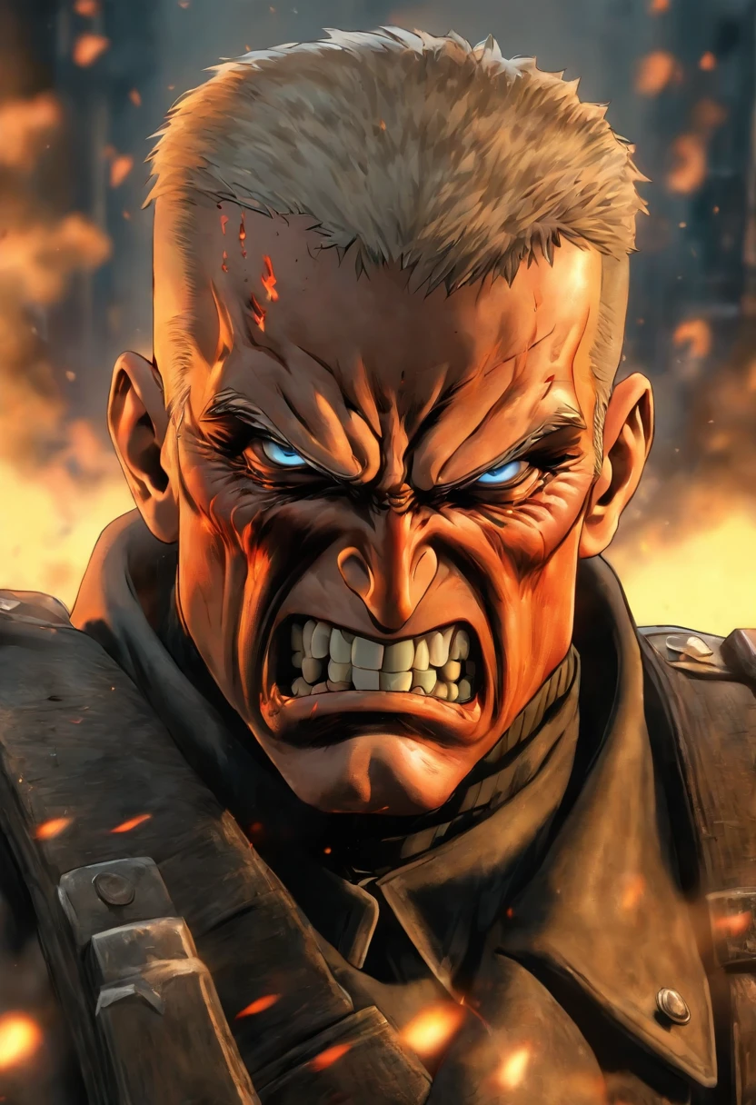 (masterpiece:1.2), absurdres, A photorealtic shot of wilhelm Strasse, Wolfenstein,solo, a man in his 60s, German descent, his facial features are often angular and sharp emphasizing his cruel and calculating personality, (burned skin:1.5), (very old facial burns:1.4), grotesque and disfigured facial appearance, (he has blue piercing eyes:1.2)(detailed eyes:1.3),BREAK, his head is bald which adds to his intimidating and villainous look, His cheekbones and jawline are well-defined, creating a severe and harsh appearance, facial expression is typically one of indifference or malevolence, has zero emotions, wearing a high ranking WW2 German grey officers Uniform(ultra-detailed:1.4), (highly detailed skin:1.4)