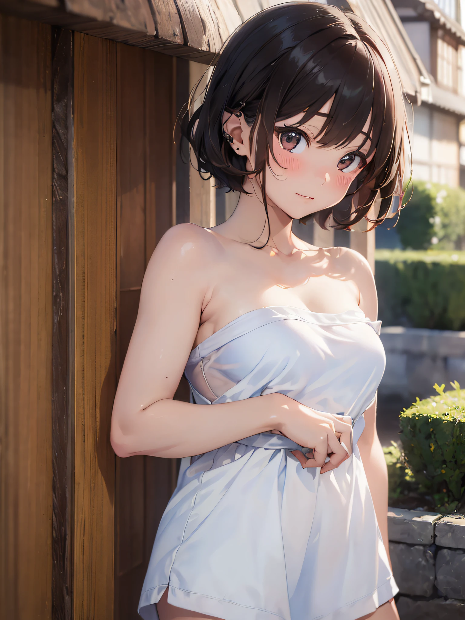 (​masterpiece:2.0), (top-quality:2.0), (white Tube top extremely short length dress made by towel:1.5), (perfect exposed shoulders:1.5), (perfect exposed nape:1.5), (super sexypose:1.5), (blushed face:1.3), (barechested:1.3), (realistic:1.5), 1  girl, precise small hands, Embarrassed look, light smile, extremely cute girl, innocent face, young face, Clear eyes, Shining eyes, shoulder is visible, small breast, thigh is visible, No pubic hair, The beautiful skin, ultra-definition, Top resolution, japan high school student, brown hair