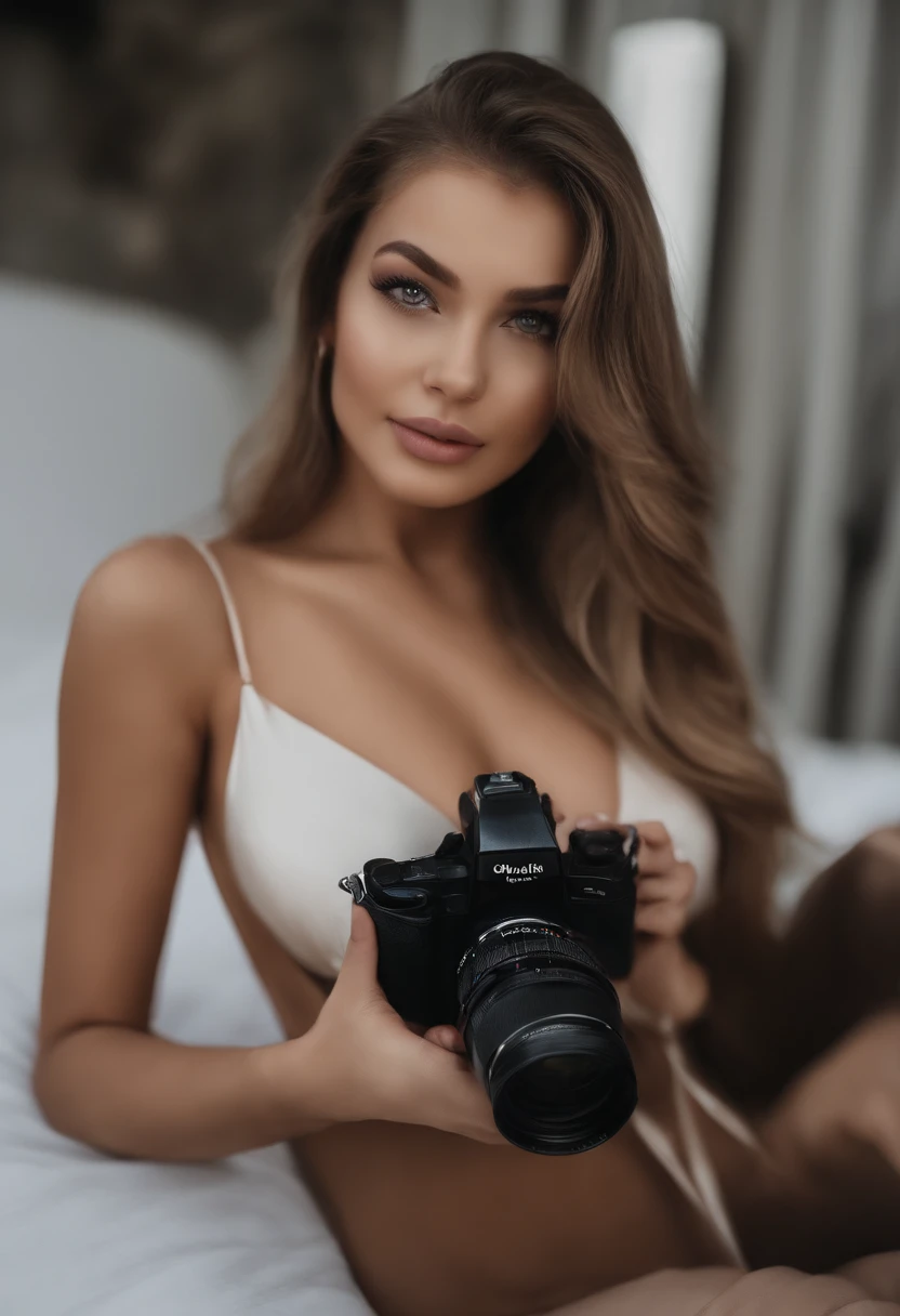 Arafed woman completely , fille sexy aux yeux bleus, ultra realist, Meticulously detailed, Portrait Sophie Mudd, cheveux blonds et grands yeux, selfie of a young woman, Yeux de chambre, Violet Myers, sans maquillage, maquillage naturel, looking straight at camera, Visage avec Artgram, Maquillage subtil, Great photo of the whole body kneeling on the bed, dans la chambre, Medium to large bust, yeux bruns, Souriant, Tenue sexy, latex, Chlorure de polyvinyle, cuir, simili-cuir