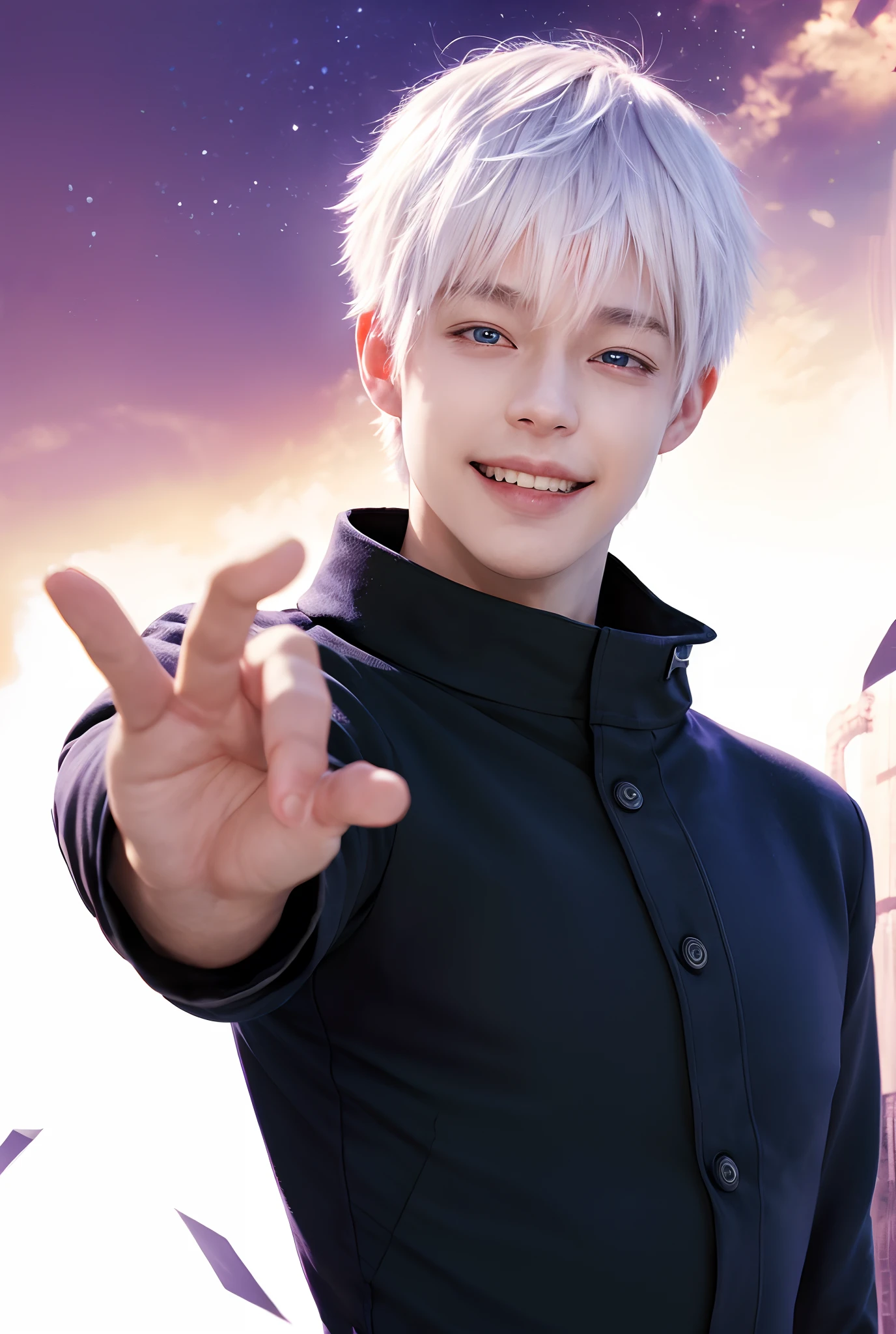 1man, gojo satoru in anime jujutsu kaisen, short hair , white hair, blue ligth eyes, handsome, smile, purple clothes, realistic clothes, detail clothes, city background, ultra detail, realistic