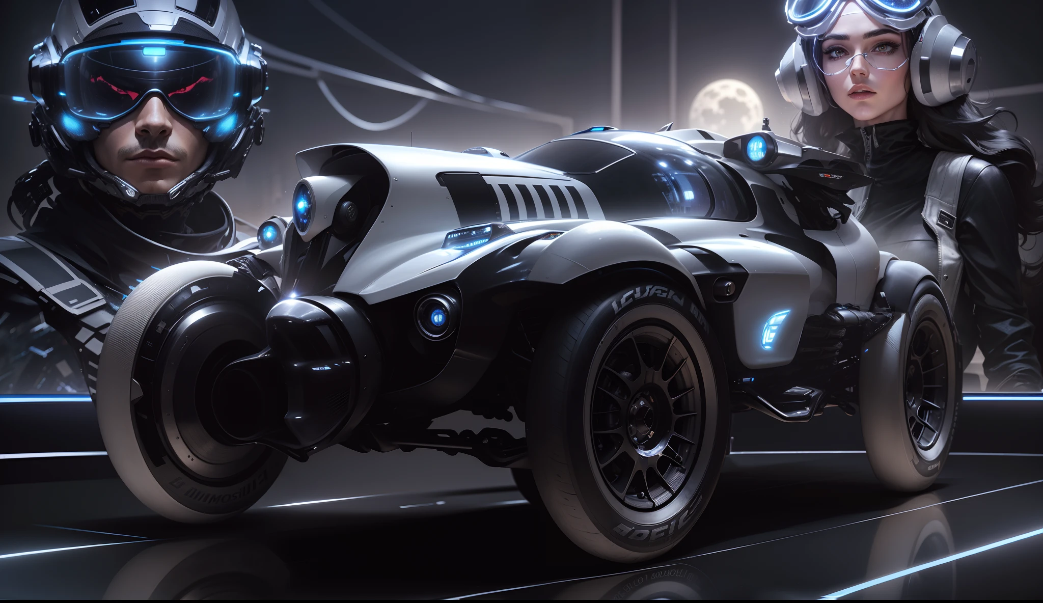 A futuristic metallic gray race car in the foreground, behind a beautiful male driver in future racing clothes and next to him a beautiful female driver also in futuristic clothes, Ao fundo, A futuristic city with the dark sky of stars with the moon shining reflecting on the futuristic buildings