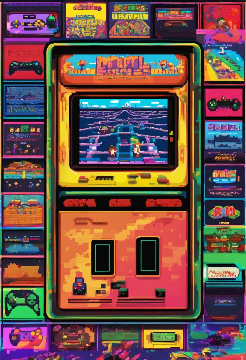 vintage gaming console, pixel art, retro colors, 8-bit graphics, childhood memories, button mashing, cartridge collection, retro gaming community, handheld gaming, old-school gaming, joystick controllers, iconic sound effects, scrolling backgrounds, pixelated characters, multiplayer battles, high score challenge, gaming tournaments, limited edition releases, classic game titles, nostalgic music tracks, gaming marathons. (best quality,4k,8k,highres,masterpiece:1.2),ultra-detailed,(realistic,photorealistic,photo-realistic:1.37), vivid colors, studio lighting.