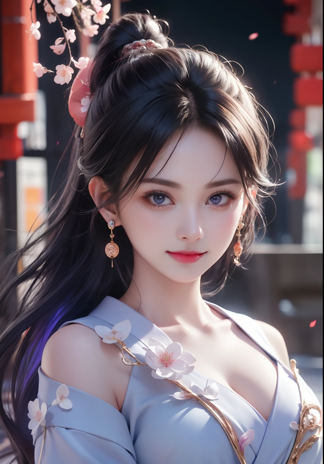 (T's masterpiece, nood,1girll, Solo, Intricate details, Looking up in perspective, color difference), realphoto,(façade), (Shoulder cut), cleavage, close-up, Smile, Sexy Enhancement,Yae Miko, Purple-blue hair, Purple and blue accents, Purple eyes, Sharp look, Perfectly symmetrical figure, Neon Shirt, Jacket exposure, Sweaters, Leaning against the wall, Brick wall, doodle, dim lights, alleyway, Looking at the viewer.((Evil streaks, Cleavage is seductive, The big ones are enchanting)),(((Cherry blossom background) )),((((Japanese Temple Background)))), (((Glows on a dark background)))