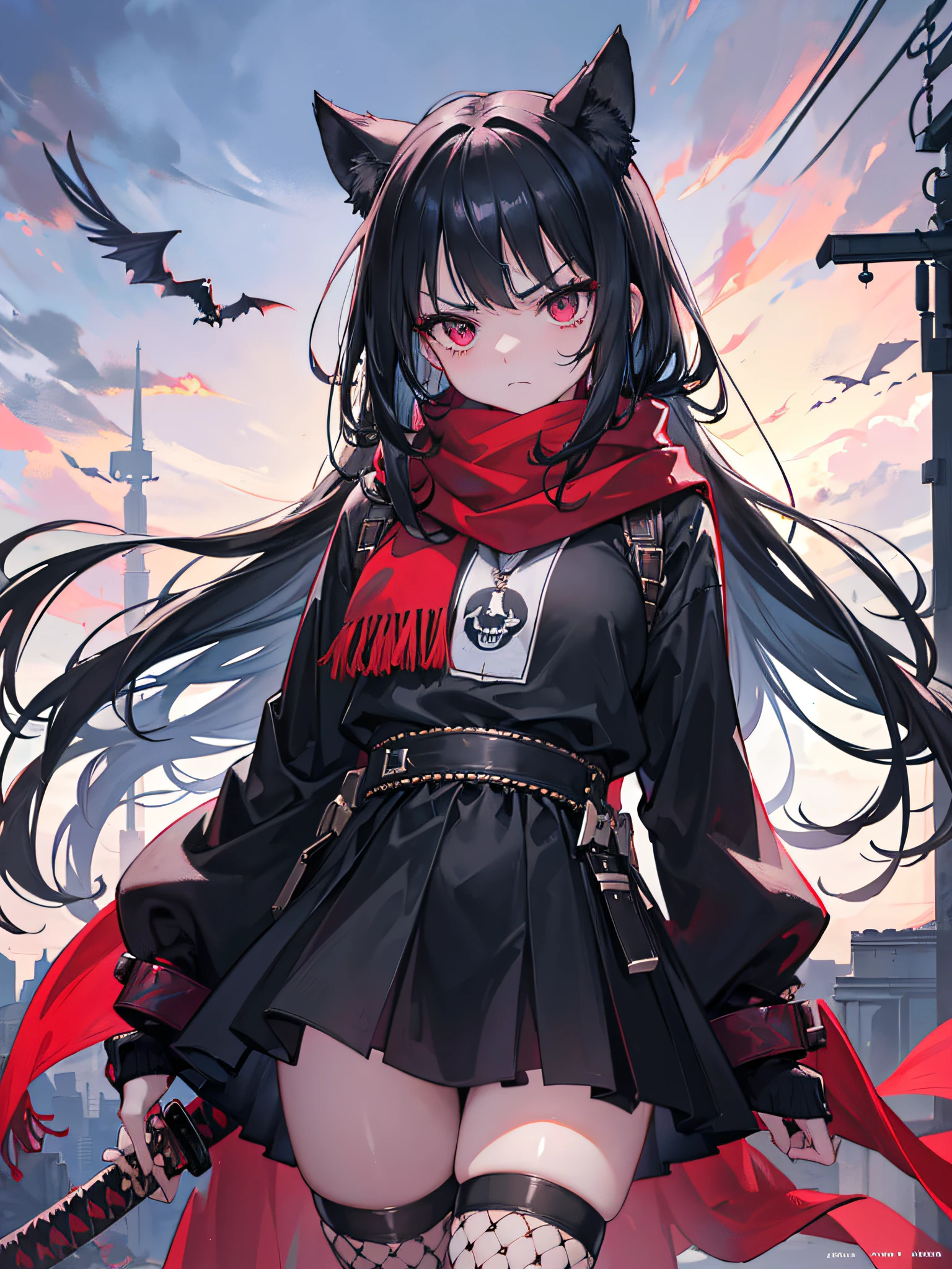 Girl with beaded eyes, angry face, head slightly to the side, bright scarlet eyes highlighted, large black scarf covering her mouth like a mask, large black sweatshirt open, short white blouse, fishnet stockings, Katana on the back, flying bats around you, dark alley, (ultra-realistic), {extremely detailed 8k CG unit wallpaper}, expansive landscape photography, (a low view that prioritizes the character and the sky above, wide open field view), (low angle photo), (high light: 1.5), (low light: 1.2), (warm light source: 1.2), complex details, (iridescent colors: 2.0), (bright lighting), (atmospheric lighting), dreamy, badass, post-apocalyptic