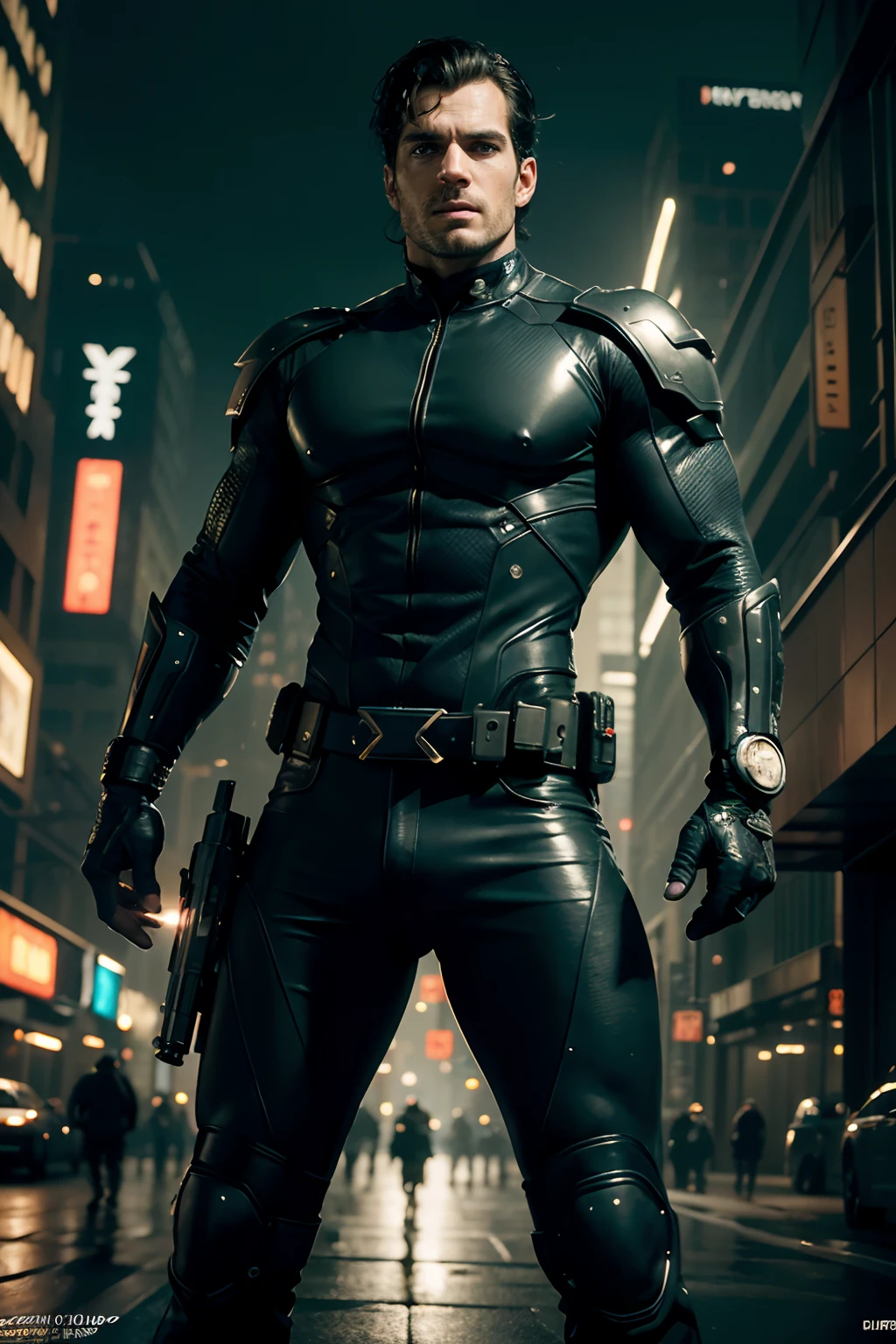 Henry Cavill as cyberpunk bounty hunter, arm with a cyberpunk weapon, glowing lights, (dynamic pose), (hyper realistic:1.4), (realistic:1.3), (best quality real texture skin), full body, (Cinematic Light), highly detailed skin, skin pores, (highly detailed face:1.1), (highly detailed eyes:1.1), realistic pupils, (perfect anatomy:1.1), (perfect proportions:1.1), (photography:1.1), (photorealistic:1.1), volumetric lighting, dynamic lighting, real shadows, (highres:1.1), sharp focus, daylight, (realistic, hyperrealistic:1.4), intricate, high detail, dramatic, subsurface scattering, big depth of field, vivid, polished, sharpened, ((full Sharp)), (extremely absurdres),8k hdr,