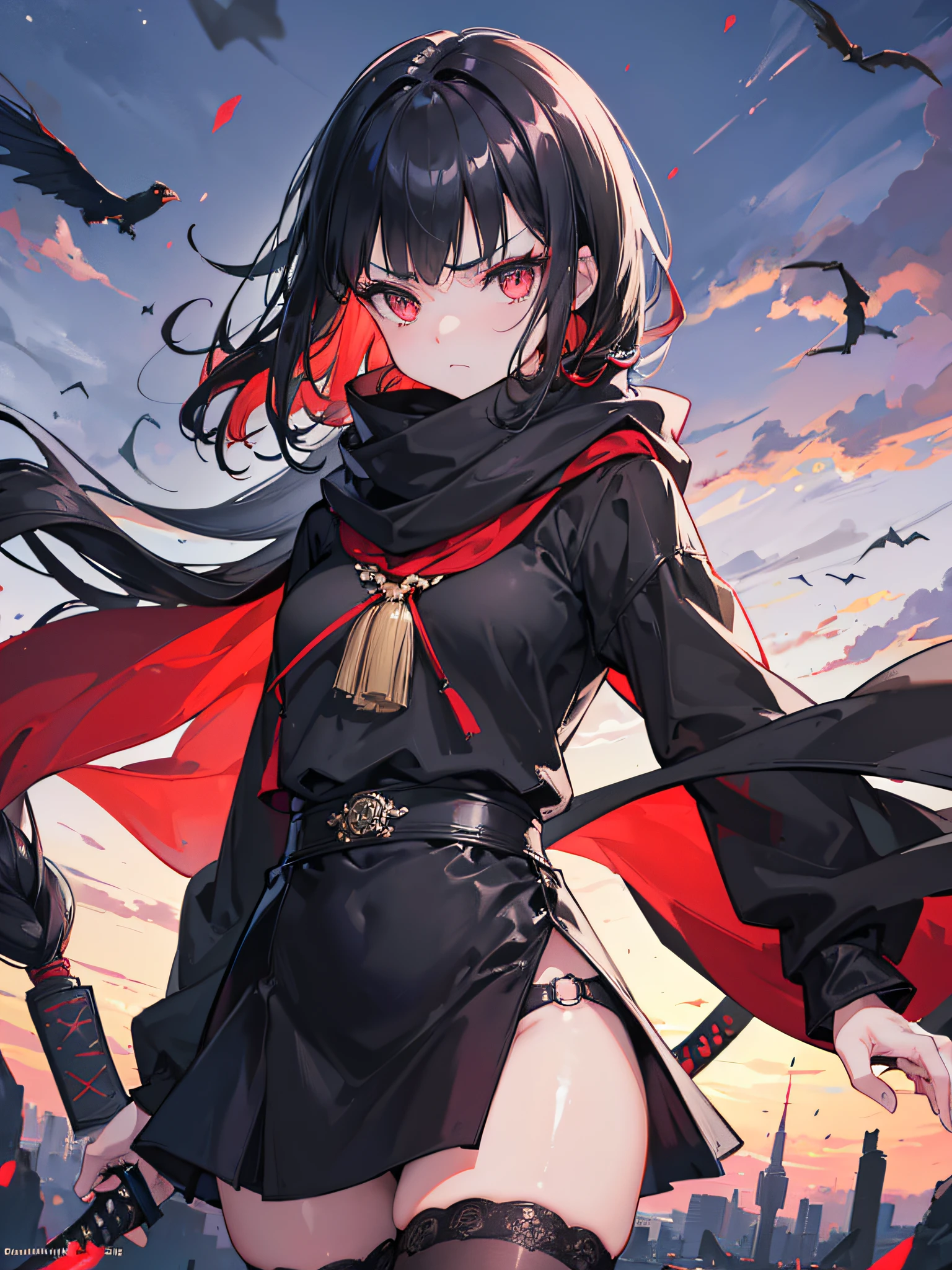 Girl with beaded eyes, angry face, head slightly to the side, bright scarlet eyes highlighted, large black scarf covering her mouth like a mask, large black sweatshirt open, short white blouse, fishnet stockings, Katana on the back, flying bats around you, dark alley, (ultra-realistic), {extremely detailed 8k CG unit wallpaper}, expansive landscape photography, (a low view that prioritizes the character and the sky above, wide open field view), (low angle photo), (high light: 1.5), (low light: 1.2), (warm light source: 1.2), complex details, (iridescent colors: 2.0), (bright lighting), (atmospheric lighting), dreamy, badass, post-apocalyptic
