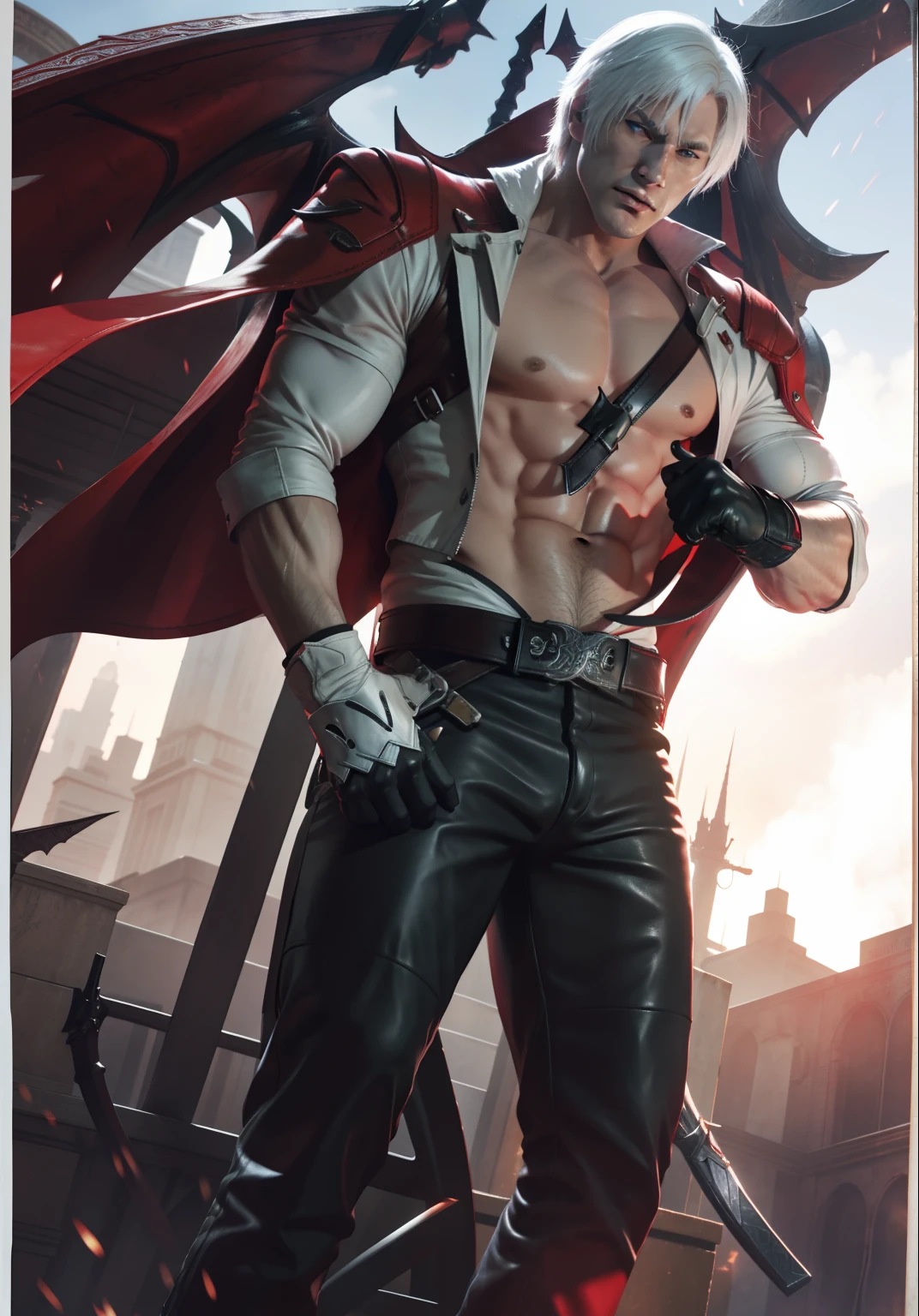 dante devil_may_cry male male_only sakimichan solo white_hair,big muscle,sit down,leather gloves,strong man