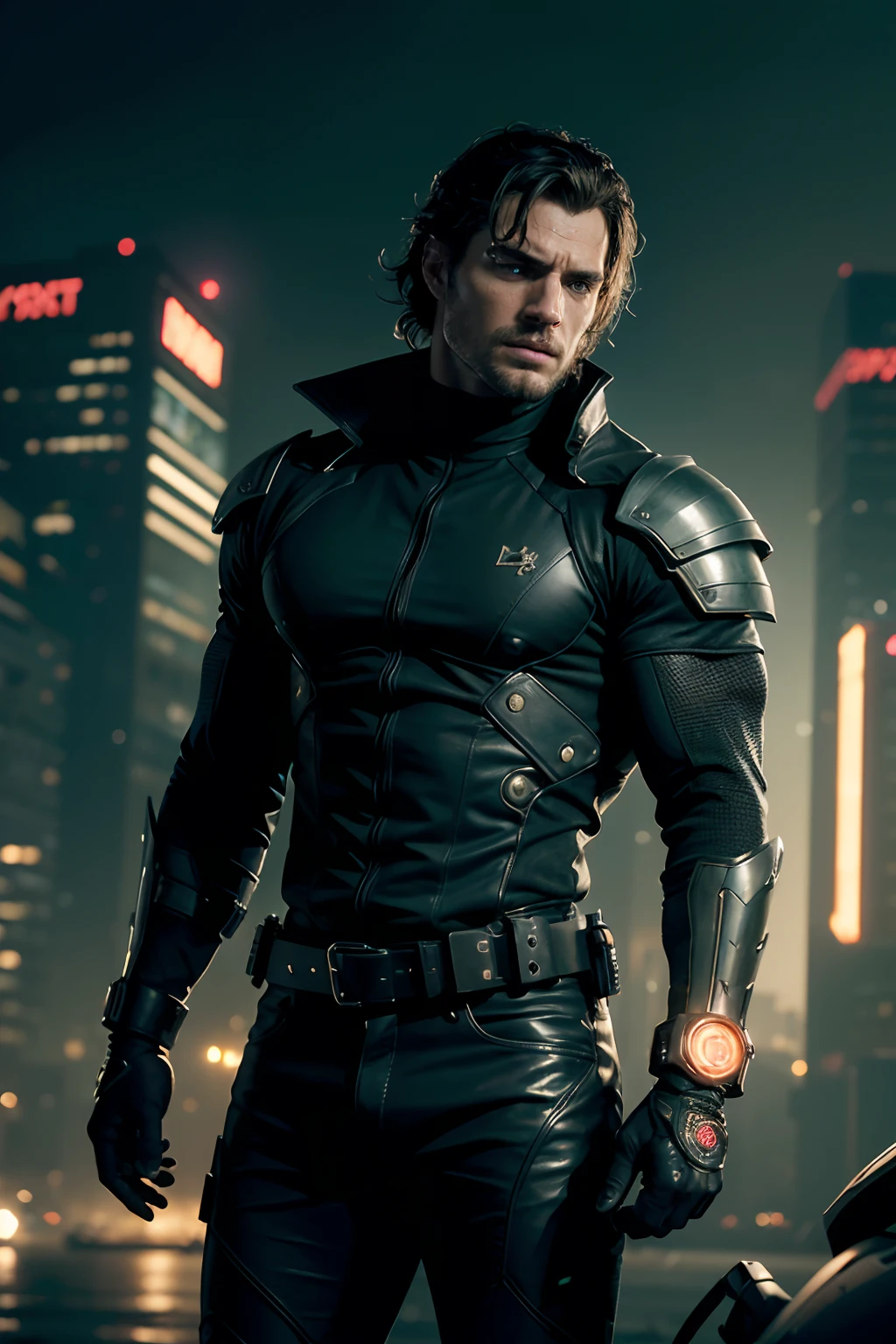 Henry Cavill as cyberpunk bounty hunter, arm with a cyberpunk weapon, glowing lights, (dynamic pose), (hyper realistic:1.4), (realistic:1.3), (best quality real texture skin), full body, (Cinematic Light), highly detailed skin, skin pores, (highly detailed face:1.1), (highly detailed eyes:1.1), realistic pupils, (perfect anatomy:1.1), (perfect proportions:1.1), (photography:1.1), (photorealistic:1.1), volumetric lighting, dynamic lighting, real shadows, (highres:1.1), sharp focus, daylight, (realistic, hyperrealistic:1.4), intricate, high detail, dramatic, subsurface scattering, big depth of field, vivid, polished, sharpened, ((full Sharp)), (extremely absurdres),8k hdr,