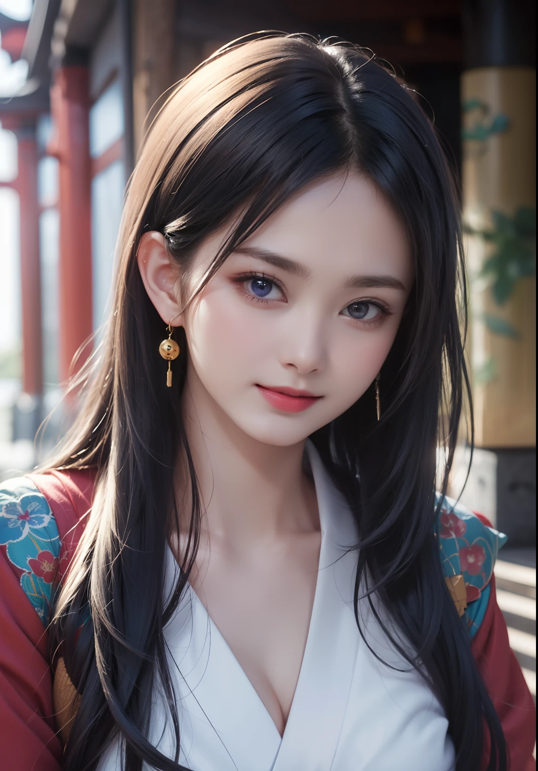 (T's masterpiece, nood,1girll, Solo, Intricate details, Looking up in perspective, color difference), realphoto,(façade), (Shoulder cut), cleavage, close-up, Smile, Sexy Enhancement,Yae Miko, Purple-blue hair, Purple and blue accents, Purple eyes, Sharp look, Perfectly symmetrical figure, Neon Shirt, Jacket exposure, Sweaters, Leaning against the wall, Brick wall, doodle, dim lights, alleyway, Looking at the viewer.((Evil streaks, Cleavage is seductive, The big ones are enchanting)),(((Cherry blossom background) )),((((Japanese Temple Background)))), (((Glows on a dark background)))