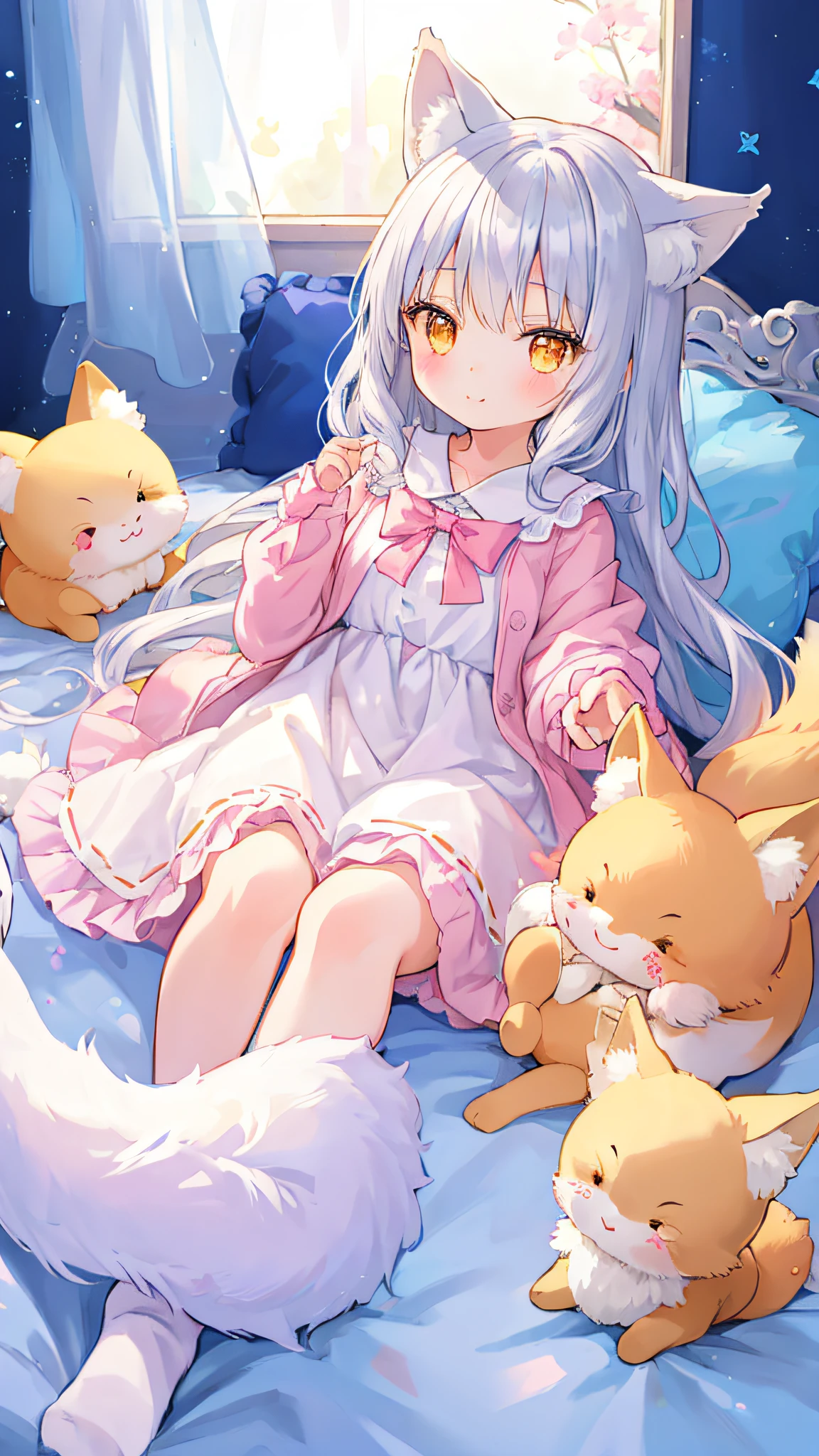 Beautiful illustration、top-quality、Cute little girl s、Bedroom、PastelColors、Fluffy fox ears、小柄、Silver long hair、Stuffed fox、Bright lighting、Bright Golden Eyes、