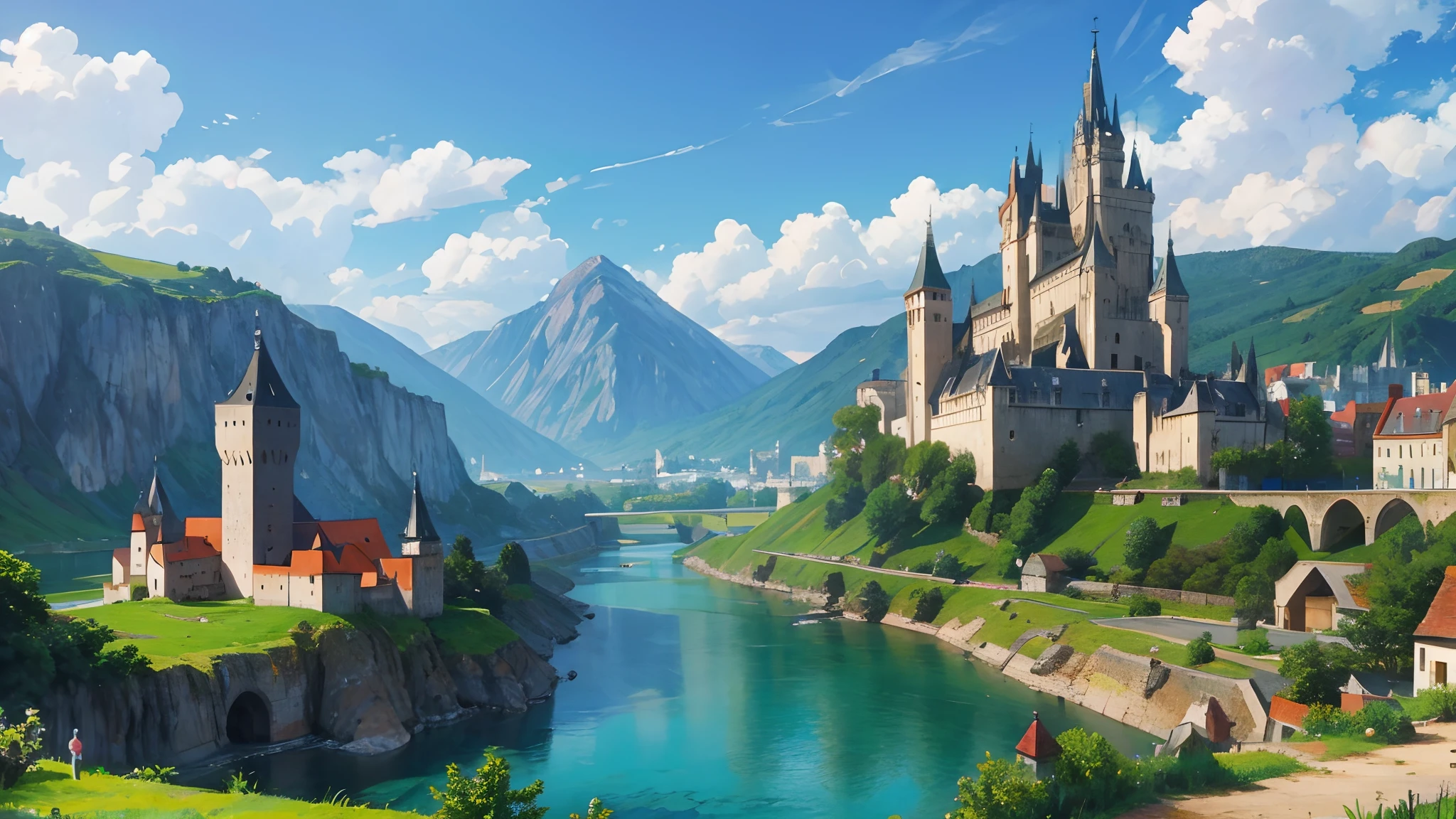medieval village, on the left side of the picture there is a mill, on the right side of the picture there is a castle, middle of the picture there is a river, pixel art, pixel