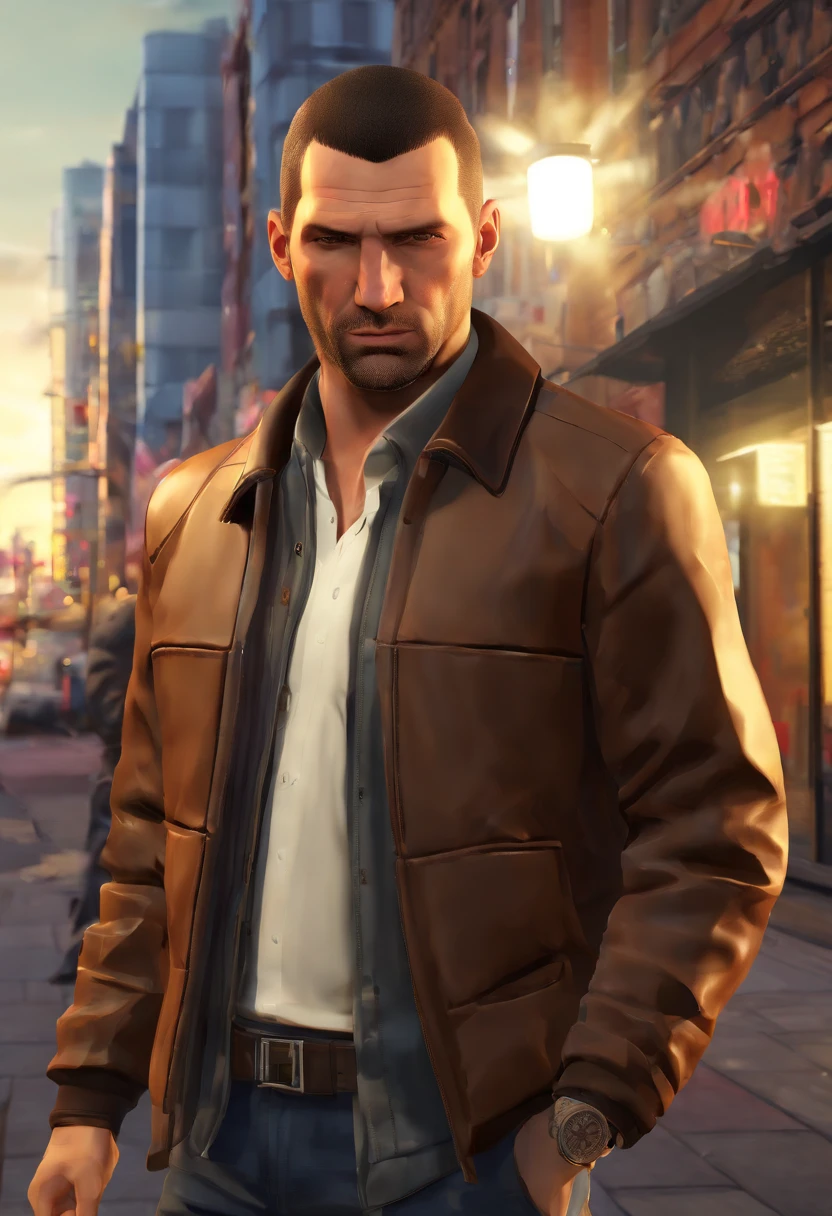 a man in a brown jacket is standing in front of a building , niko bellic character as the protagonist of gta 4, gta 4 game, game cinematic, gta iv art style, gta 4 loading screen artwork. Unreal Engine 5, ray tracing, cinematic shot, realistic rendering, 75mm, close up shot