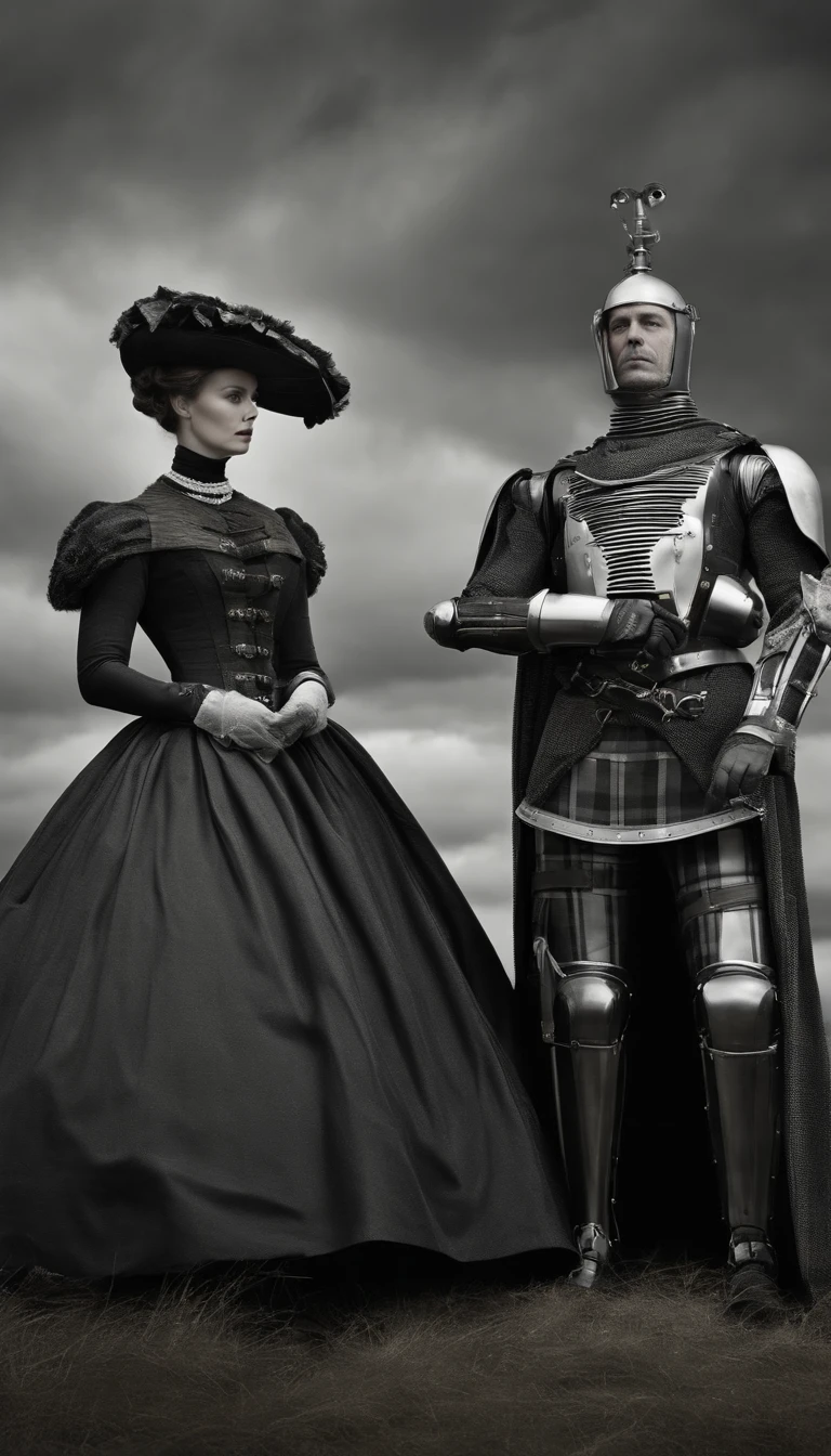 there is a robot and a woman dressed in costumes side by side, victorian science fiction inspired, hugh kretschmer, plaid attire, wearing ornate armor, daguerreotype photography, cinematography 2009, cinematic widescreen footage, black and white color photography, fashion photography fine art, cgsociety!, mad max style, scottish folklore, kenny mcbride