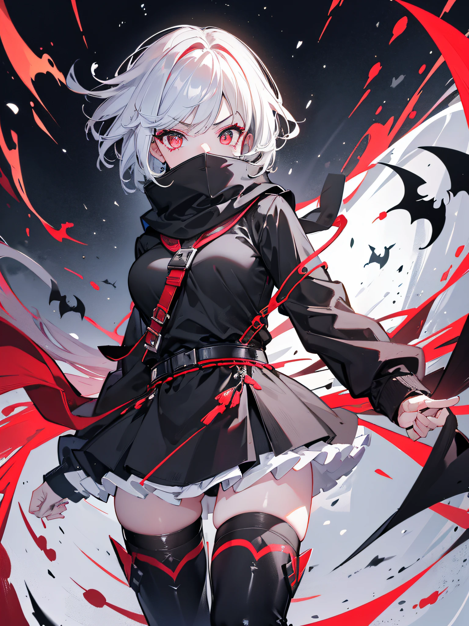 Girl with beaded eyes, angry face, black and white Cruella Devil style hair, head slightly to the side, bright scarlet eyes highlighted, large black scarf covering her mouth like a mask, large black sweatshirt open, short white blouse, socks fishnet, Katana on his back, Bats flying around him, dark alley, (ultra-realistic), {extremely detailed 8k CG unit wallpaper}, expansive landscape photography, (a view from below that prioritizes the character and the sky above , wide open field view), (low angle shot), (high light: 1.5), (low light: 1.2), (warm light source: 1.2), complex details, (iridescent colors: 2.0), (illumination bright), (atmospheric lighting), dreamy, badass, post-apocalyptic
