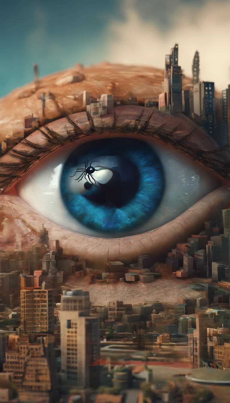 "rfktrstyle, An exquisite and high-resolution macro photograph capturing the surreal scene of a spider delicately traversing a sinister and enigmatic eyeball. Set against the backdrop of a dystopian cityscape, the lighting imparts a moody and mysterious ambiance. The image is framed with precision using Kodak Ultra Max film, employing an 85mm lens for meticulous detail.

Captured using a combination of an iPhone 7 and DSLR technology, the photograph boasts impeccable quality, presenting a photorealistic and raw portrayal of this dark surrealist concept. Rendered in stunning 4K resolution, it immerses the viewer in a visual narrative that teeters on the edge of the bizarre and the uncanny. The spider's journey across the eerie eyeball becomes a captivating exploration of the surreal within an urban dystopia."