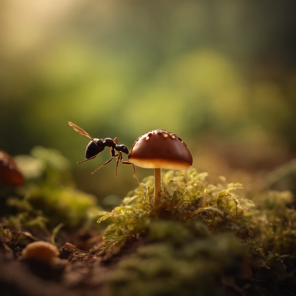 an ant on the top of mushroom