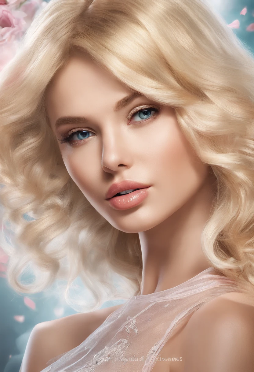 (best quality,ultra-detailed),sensual,perfect blonde hair,perfect rosebud lips,perfectly sculpted breasts and body,mesmerizingly flawless face,wearing see-through lingerie