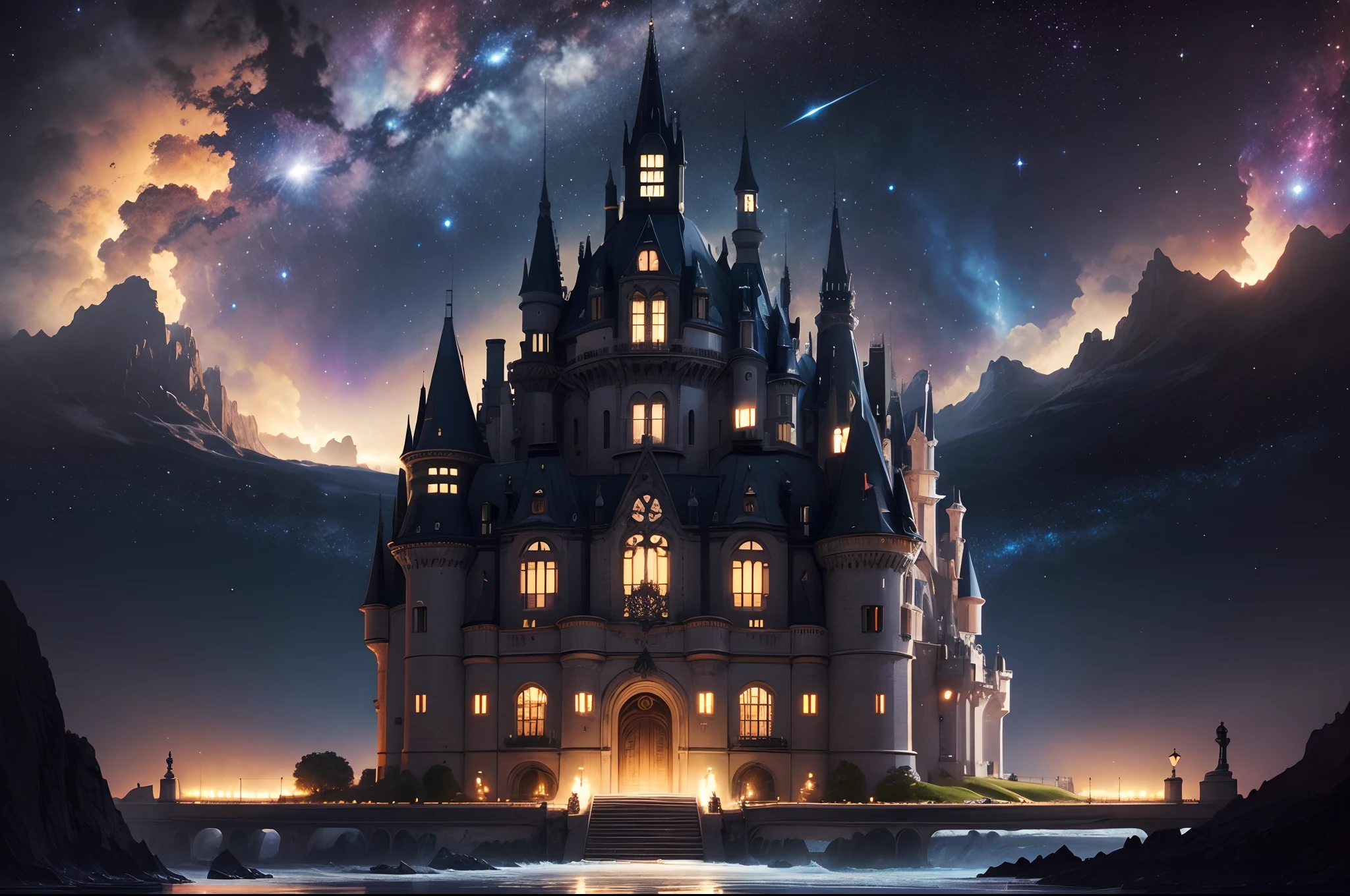 A space ship built as an art nouveau castle, propeller at its base, it's travelling in black starry sky with nebula, highly detailed